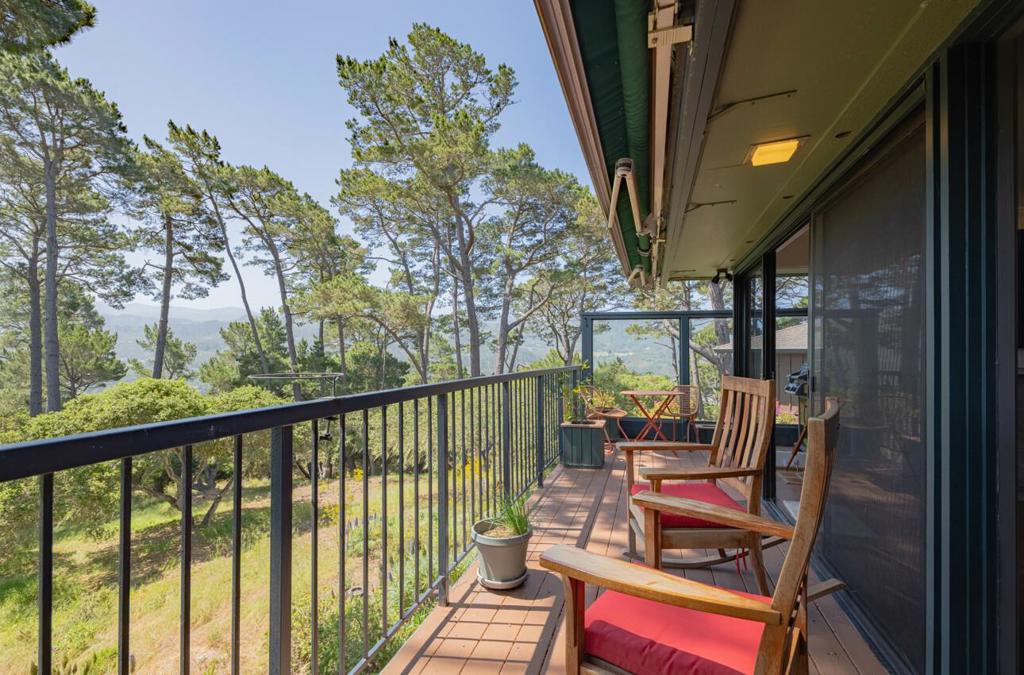 Tucked away at the end of a quiet road his sought-after "F" model in the 55+ community of Del Mesa Carmel offers breathtaking views of Carmel Valley and the Santa Lucia Mountains. This single-level 2-bedroom, 2-bath home provides a serene and elevated living experience. The open-concept living and dining areas are filled with natural light and feature a cozy gas fireplace and panoramic views. The updated kitchen boasts stainless steel appliances, granite countertops, custom cabinetry, and a spacious pantry. A separate den with built-in bookshelves and rich wood cabinetry offers a perfect space for reading, working, or hobbies. Additional highlights include an interior laundry area, wine storage, on demand water heater, under cabinet lighting, forced air heat, and a private deck off the living and dining rooms that was rebuilt in 2022. This is one of the most private units in Del Mesa with only 1 shared kitchen wall. Residents can enjoy community amenities including a clubhouse, on-site restaurant, indoor pool and spa, fitness center, library, putting green, and a full calendar of social activities and events.