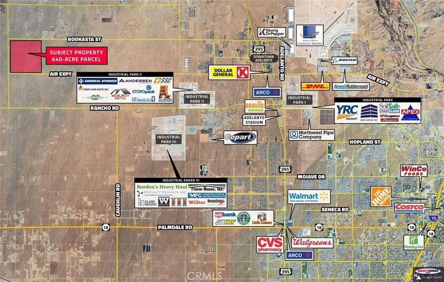 Subject Property consists of 640 +/- Acres, Zoned RL-5 (Rural Living) Check with County for other Possible Zoning Ordinances, Uses Approximately 6.4 Miles from HWY 395, Easy access from El Mirage Road, Parcel is located on Bookasta Street, Mountain View Road to the West and Air Expressway on the South, One Square Mile Parcel. Great Opportunity large parcel close to town and future Development. 



Only $3,185,000 for 640 Acres 

 

Buyer to verify and satisfy themselves to the accuracy of all information.