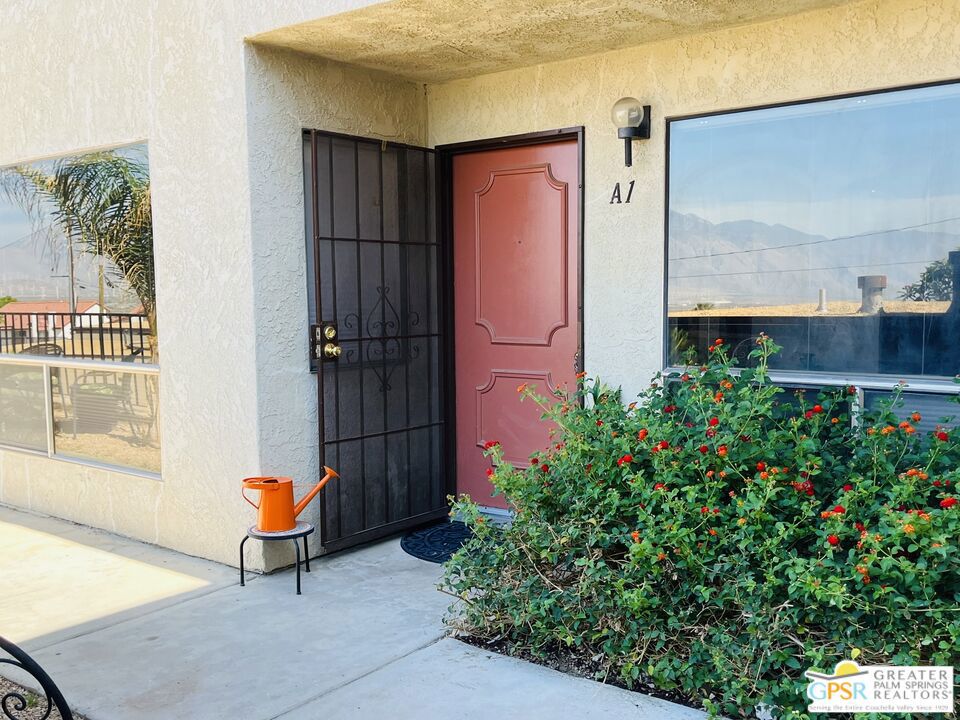 Vista Del Jacinto Condominium with polished concrete flooring everywhere except the secondary bedroom, Newer Dishwasher and Range. Single car detached garage as well, Light bright condo and that is super cute! Walking distance to Miracle Springs Resort and the Desert Hot Springs Hotel. Uptown area of Palm Drive near Mission Lakes Boulevard.