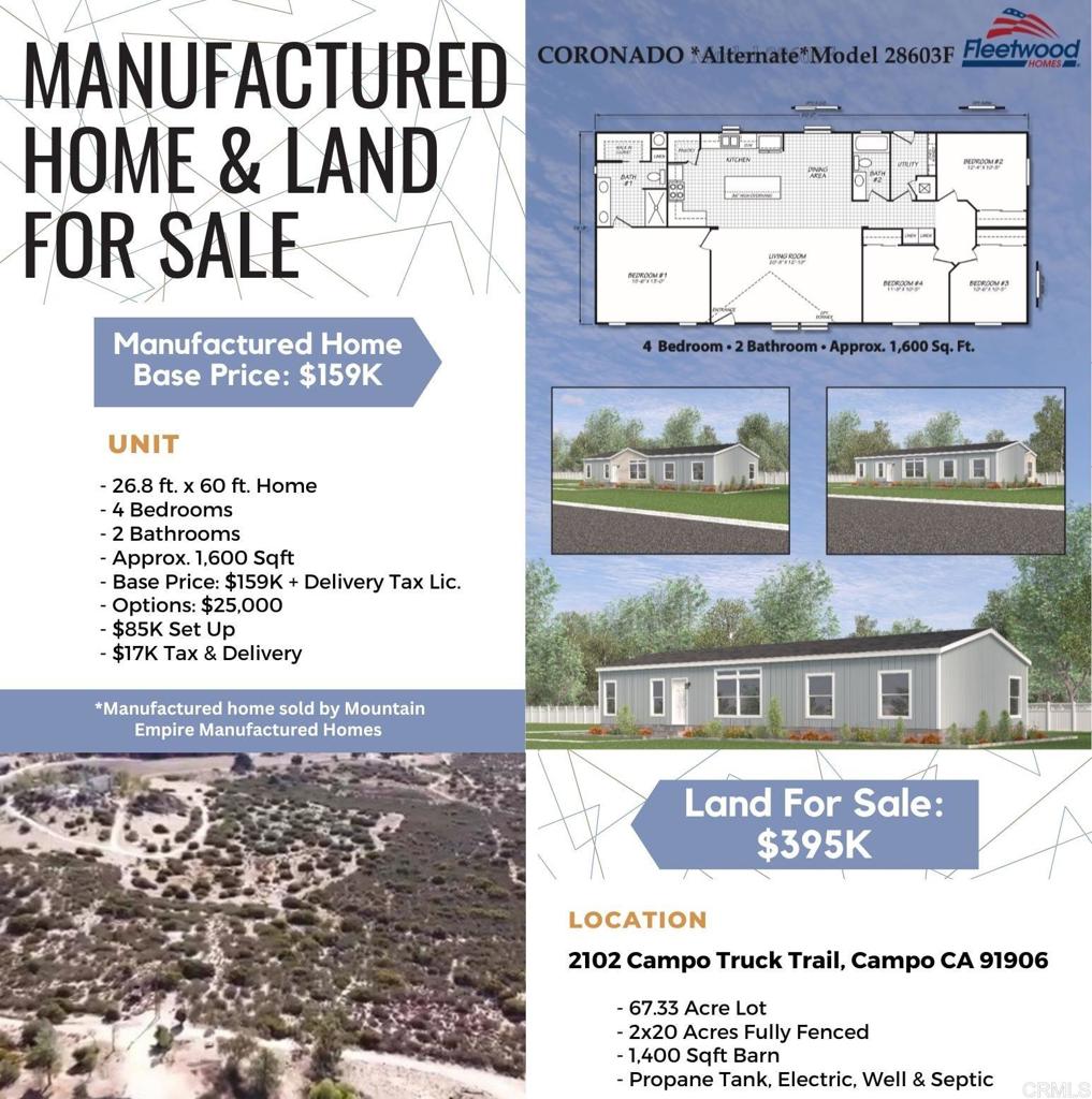 Welcome to the ranch! Ready for you to put your brand new Manfactured or stick built home. Land alone is $395K all utilities are in- Quote around $285K for manf home in photo 1. Construction loans available. This 67.33-acre property is fully fenced with 2x20 acres also fenced and set up for livestock with water lines. It also features a shooting range and fruit trees, green grape vines, eucalyptus trees for privacy and fire wood. The mobile home not on 433A is a four bedrooms and two baths and has a large Franklin stove, swamp cooler and ceiling fans for year-round comfort. A large 1,400-square-foot barn is on site, complete with electricity and water and roll-up doors at both ends for easy driving access. The property also includes its own propane tank and separate electric meters for the well and the house. If you're looking for enough land to raise your own livestock, this is it. Get yourself some cows, horses, pigs, goats, chickens, greenhouses, crops, or more -- the possibilities are endless. You can even make it off-grid by adding some solar panels. There's plenty of space to build your own compound, too. Grab your friends, come on out, and make this place your own!