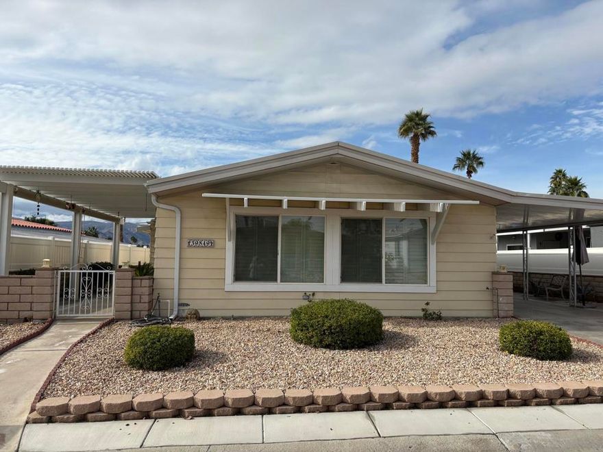 This beautiful home is move in ready.  The open floorplan with the kitchen and dining, living room all open for entertaining is just want you are looking for.  Vaulted ceilings in the dining room and living room makes the living space larger.  There are two large bedrooms with the premier suite having a walk in closet.  The premier bathroom is huge with a custom built walk in shower.  This home offer tremendous storage inside and out.  With a single car garage to store a golf cart or just used as storage is helpful.  In addition to the above, the home also has the 433a foundation installed for ease of financing.  This home has it all, just needs you and your personal touches.  Palm Desert Greens is a 55+ senior community with a restaurant, and golf course on site.  GOLF, is included in our low HOA fees.  In addition, trash, WI-FI, and Cable TV, and 24 hr. security is included.   There are numerous clubs for enjoyment and the amenities are wonderful.  Come see this gem today.   Buyer to verify the square footage of the home.  Buyer to pay one time (RRA) Reserve Replenishment Assessment fee of $2400 equal to 6 months HOA dues.