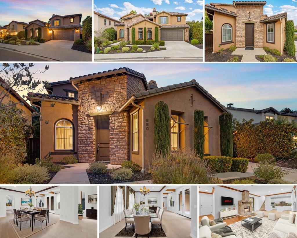Welcome to this stunning beauty nestled in the San Elijo Hills! This beautifully designed 2 story, 3,123 square foot home features 4 bedrooms with 2 bonus rooms, one on each level and 3.5 bathrooms. The charming curb appeal, enhanced by it's freshly painted exterior window frames guides you to the front door. Upon entering, you'll see the amazing high ceiling foyer and chandelier, wood beams along the ceiling with wood crown molding, base boards & plantation shutters contrasted with the freshly painted walls, custom sheer window treatments and french doors leading to the inner courtyard in this elegant light and bring home. Step into the gourmet kitchen, a chef's delight with upgraded granite counter tops and back splash, white cabinets, stainless steel appliances and large center island, pantry and much more. You will love the backyard, an entertainer's dream that comes equipped with a fire pit, outdoor TV cabinet, BBQ, mini fridge, pizza oven, sink, bar tap, stone flooring deco and water fountain all surrounded by trees for privacy. The home boasts open concept living areas flowing seamlessly from the living & dining room with it's exquisite floor stone tiles to the kitchen and family room enhanced with hard wood flooring and to the enchanting inner center courtyard through the french doors. Downstairs features a family room with fireplace, bonus room/office or convert to a bedroom, laundry room with a rare sink and half bathroom that leads to the 2 car finished garage with floor covering. Upstairs has spacious rooms offering comfort and a peaceful retreat with the second bonus room/office or convert to a bedroom for a potential 6 bedroom home. The luxurious master bedroom suite features windows, plantation shutters, a jetted tub for a relaxing spa treatment, dual vanity with stone counters, a separate walk-in shower, toilet and spacious walk-in closet with custom built-in cabinetry and organizers. Unique to this home is the upstairs balcony overlooking the inner courtyard and second bedroom ensuite with walk-in closet. The third & fourth bedroom shares the hallway bathroom with dual vanities, tub & shower. Woodley's Glen community in San Elijo Hills is close to Highway 78; award winning schools and the UC San Marcos. Unlike the rest of San Marcos, it has its own town center featuring a public park, a clock tower, a fountain and rows of retail shops, restaurants, trails and so much more to offer. Why wait, this won't last!