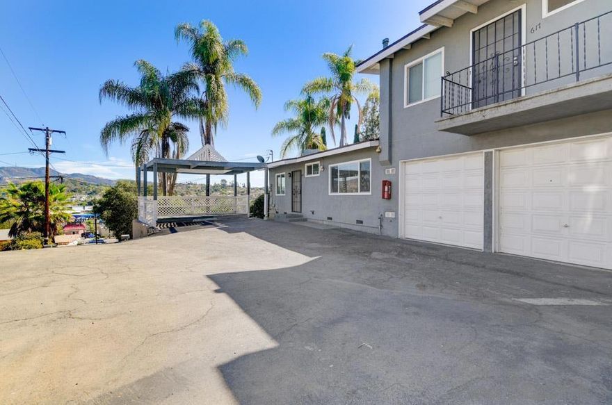 PROPERTY IS TENANT OCCUPIED, PLEASE DO NOT DISTURB TENANTS. Welcome to this well-maintained triplex at 615-617 Truly Ter. Unit 615 is 3 Beds, 1 Bath approx 875 sq ft with a private yard space.  Unit 617 is a 2 Beds, 1 Bath approx 735 sq ft with a private balcony, and 615A is 1 Bed, 1 Bath approx 500 sq ft with a private yard space.  All units are currently tenant occupied at market rents.  Water heater has been recently replaced. There is a one car garage space that is not being rented at this time and could rent for an additional $100 per month in income. The 1 Bedroom unit is not permitted, but the Seller is in work on obtaining permits to convert this un-permitted 1 Bed unit into a 2 Bed, 1 Bath unit increasing overall income potential for this property. Additionally the property is zoned TF-10 per the City of Vista which allows for 2 permitted ADUs, so the future Buyer will have the opportunity to add an additional unit to the property.  There are 7 assigned parking spaces, and the property is located close to the rapidly developing downtown Vista, close to plentiful public transportation (train & busses), in a high density population, with multiple life conveniences nearby (grocery, dining, shopping, entertainment, walking trails, recreational center, Moonlight Amphitheater).  This is an excellent opportunity for income property investors seeking solid stable returns.  Don't miss out on this premium investment opportunity!!!