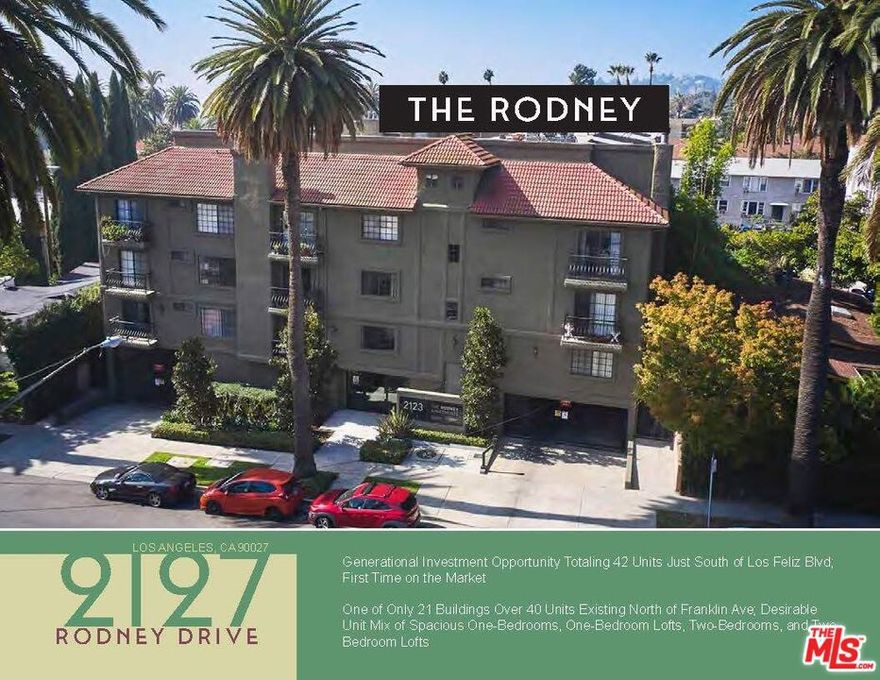 A generational investment opportunity of a 42-unit apartment building in Los Feliz, one of the most coveted rental submarkets in all of Los Angeles, located just south of Los Feliz Blvd between N Vermont Ave and Hillhurst Ave. This is the first time the property has been on the market since it has been developed in 1986, a rare opportunity to purchase a sizeable asset in this pocket of the submarket with only 21 buildings over 40 units existing north of Franklin Ave. Los Feliz is considered a premier rental market of Los Angeles attracting quality tenants and providing easy access to amenities in Hollywood as well as the 101 & 5 Freeways. The building features an ideal, rare unit mix of spacious units made up of 24 one-bedrooms (652-871 SF), six one-bedroom lofts (916-931 SF), nine two-bedrooms (951-1,012 SF) and three two-bedroom lofts (1,173-1,202 SF). The unit interiors are well-maintained with central A/C, fireplaces, dishwashers, microwaves, and new flooring and paint in the majority of the units. The rental income provides stable current cash flow to an investor with additional upside over 18% achievable through further interior unit renovations such as recessed lighting and upgraded kitchens and bathrooms. The 1986 construction does not fall within the city of Los Angeles rent control. The property is being offered with favorable assumable financing in-place with current principal balance of $9.13 MM, interest-only until August 2030 at a 2.82% interest rate. The property has gated, subterranean and ground-level parking with approximately 82 parking spaces and tenant fob-controlled entry and exit. Furthermore, there is a community laundry room with three washers and dryers. The currently laundry lease with Dadson is nearing expiration, allowing an investor to collect substantial future laundry income. The property will be delivered with essentially no deferred maintenance as the building has been meticulously maintained throughout the years. There is a professional exterior faade and lobby with a secure, intercom entrance leading to an elevator with access to each floor. The common area hallways are in pristine condition and there is a security camera system in-place ensuring safety throughout the building. There is also a community common area patio with two barbeques and an abundance of seating for tenant's enjoyment. The neighborhood of Los Feliz is highly desirable and a densely populated rental market of Los Angeles. Surrounded by multimillion-dollar single-family residences north and south of Los Feliz Blvd, the property provides apartment renters the opportunity to reside in an affluent community. The neighborhood borders sprawling Griffith Park, beloved by locals for its hiking, concerts at the Greek Theatre and stargazing at Griffith Observatory.