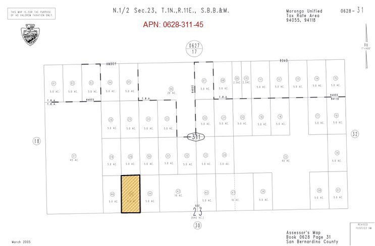 5 Acres (APN: 0628-311-45) GPS: 34.159956, -115.803917 This 5 acre corner lot is located in 29 Palms, CA. San Bernardino County has zoned this property Rural Living 5 Ac Minimum (RL-5). The primary use is residential homes, some of the other permitted uses within this zoning are: accessory crop production, agricultural accessory structure, small family daycare facility or licensed residential care facility. Commercial renewable energy facilities are permitted in RL zoning according to the San Bernardino Development Code. Overhead electricity is approx 600 Ft N of the property. Residents have private water wells for their water needs, septic tanks for their sewer needs and propane tanks for their gas needs. Floodway maps show the property is not in a flood zones, but is in a DWR Awareness zone. No blue lines shown on the property, according to flood maps. Living in 29 Palms, CA, offers a serene oasis amidst the vastness of the Mojave Desert. Picture waking up to the soft hues of sunrise painting the rugged landscape, with the iconic Joshua Tree National Park just a stone's throw away. Residents here enjoy a close-knit community vibe, where neighbors become friends and local businesses thrive. Whether you're drawn to the tranquility of the desert or the vibrant culture of the town, 29 Palms promises a lifestyle unlike any other, where every day is an adventure waiting to unfold. This property does not yet have an address. While the boundary lines on the map offer a glimpse, they are only approximate. A Buyer should verify boundaries, zoning and utilities, ensuring every aspect aligns with their vision for the property. GPS: 34.159956, -115.803917
