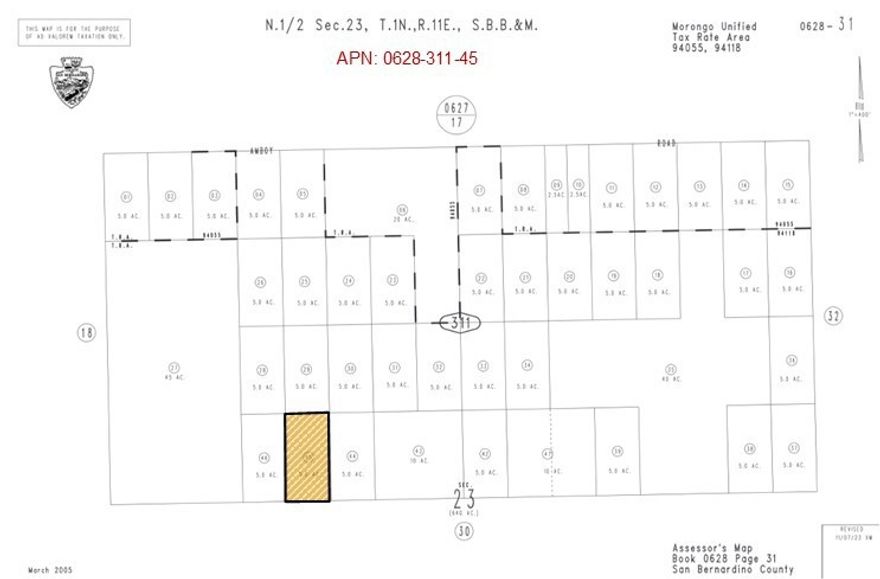 5 Acres (APN: 0628-311-45) GPS: 34.159956, -115.803917 This 5 acre corner lot is located in 29 Palms, CA. San Bernardino County has zoned this property Rural Living 5 Ac Minimum (RL-5). The primary use is residential homes, some of the other permitted uses within this zoning are: accessory crop production, agricultural accessory structure, small family daycare facility or licensed residential care facility. Commercial renewable energy facilities are permitted in RL zoning according to the San Bernardino Development Code. Overhead electricity is approx 600 Ft N of the property. Residents have private water wells for their water needs, septic tanks for their sewer needs and propane tanks for their gas needs. Floodway maps show the property is not in a flood zones, but is in a DWR Awareness zone. No blue lines shown on the property, according to flood maps. Living in 29 Palms, CA, offers a serene oasis amidst the vastness of the Mojave Desert. Picture waking up to the soft hues of sunrise painting the rugged landscape, with the iconic Joshua Tree National Park just a stone's throw away. Residents here enjoy a close-knit community vibe, where neighbors become friends and local businesses thrive. Whether you're drawn to the tranquility of the desert or the vibrant culture of the town, 29 Palms promises a lifestyle unlike any other, where every day is an adventure waiting to unfold. This property does not yet have an address. While the boundary lines on the map offer a glimpse, they are only approximate. A Buyer should verify boundaries, zoning and utilities, ensuring every aspect aligns with their vision for the property. GPS: 34.159956, -115.803917