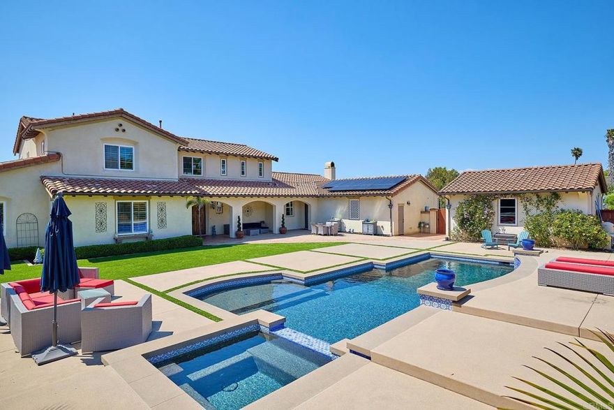 Tucked away in the rolling hills of Bonsall, this exceptional estate offers a rare blend of elegance, seclusion, and resort-style living. Privately set at the end of a quiet cul-de-sac, the 2.01-acre property captures panoramic vistas, coastal breezes, and an unparalleled sense of tranquility. Designed for both sophistication and comfort, the residence features 4 expansive bedrooms and 3.5 bathrooms. Soaring ceilings, abundant natural light, and three stately fireplaces create an inviting atmosphere throughout. The primary suite is a true sanctuary, complete with a spa-inspired ensuite showcasing a custom shower, jetted tub, and oversized walk-in closet. Entertain with ease in the gourmet kitchen, boasting a generous island, dual ovens, and seamless flow to outdoor living spaces—perfect for savoring iconic Bonsall sunsets. Multiple patios, a sparkling saltwater pebble tech pool with Baja shelf, spa, and soothing fountains invite relaxation and gatherings alike. Additional highlights include a versatile loft adjoining the fourth bedroom and full bath, dual-zoned HVAC, solar power, a 4-car garage, RV parking, and ample acreage with potential for a shop or ADU. With sunrise views from the front porch and golden sunsets from the back patio, this property delivers the essence of Southern California luxury—space, serenity, and a lifestyle defined by privacy and beauty.