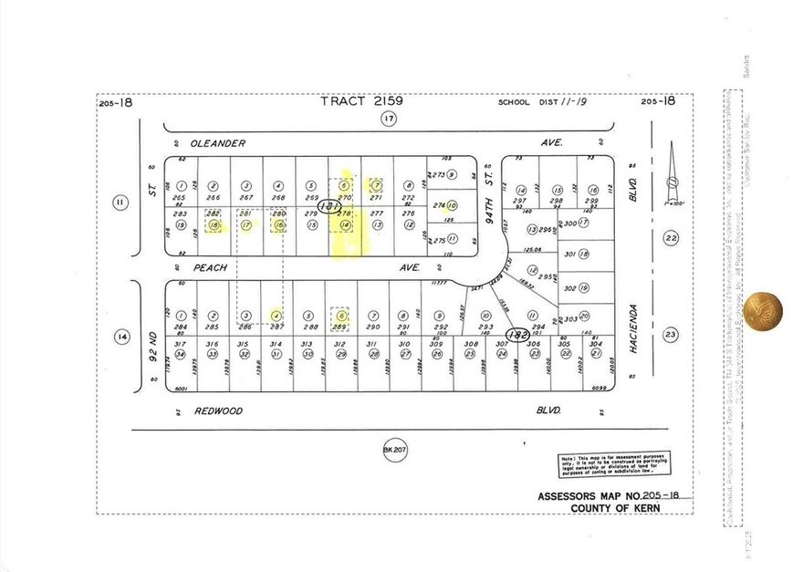 Great California City parcel, ready for your new home plans. Slightly more than 10,000 square feet in the lot which is zoned R1. Notice that homes are present on this paved street. The city indicates utilities are available in or at the street. Buyer to satisfy themselves with such information available from City Building & Planning Departments. There are several completed constructions on Peach Ave. which include two lots over, the house behind the subject  but on Oleander, and the house across the street on Peach. Planning indicates no sewer in the street. Plan on septic. City water available. Police & fire are available at this address.  Waste Management is a local third party that handles trash needs for the area. The Unified School District Offices are on Redwood a couple of blocks away.



Location of this lot is across the street from the home at 9300 Peach Ave.  The property at 9300 Oleander Ave. backs to this lot.