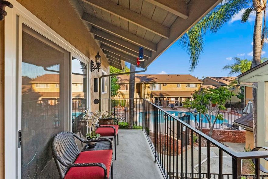 Looking to call the community of La Mesa "Jewel of the Hills" home? Check out this upper level corner unit 1bed/1bath 760sqft condo w/private entry, balcony with view of the pool area, in unit laundry, & 2 assigned parking spaces! Step inside the living room with crown molding, recessed lighting & slider to the outdoor space to unwind & relax. Separate dining area with ceiling fan and wall A/C unit. The kitchen features warm maple cabinets, granite counters, & a window over sink to let the natural light in. SS appliances w/electric stove, dishwasher, microwave, & fridge. Well sized bedroom w/west facing window lets the sun shine in as you enjoy the sunset view. Interior French doors open to a bonus walk in closet/laundry room area (Washer/Dryer inc) off bedroom that leads into the dual entry bathroom, this provides access to the bathroom from the bedroom separate from the living space for guests. Dual pane windows & attic space for ample storage. Williamsburg Square complex offers wonderful amenities including well kept lush grounds, gym, men & women's sauna & showers, a clubhouse with kitchen that can be reserved to host gatherings, & lot for visitor parking behind the complex. Low HOA fee of $355/month inc water, trash, & sewer. Enjoy the high walkability of this central location just S of  8 fwy on a cul-de-sac street. Near local favorites like Next Door Wine Bar, Himalayan Cuisine, Better Buzz Coffee, Carnitas Uruapan, & Riviera Supper Club. Short Distance to La Mesa Village, Cowles Mtn, Lake Murray, Grossmont Center & Hospital, Costco & SDSU. Close to public transit.  Units in this complex do not come on the market often! Great way to step into your path of homeownership or add to your investment portfolio!
