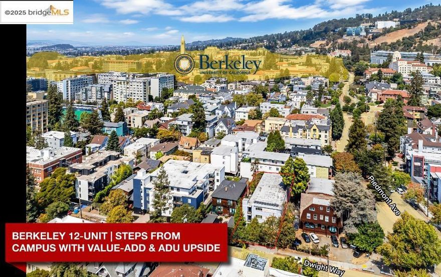 Prime student housing investment just blocks from UC Berkeley in Southside. 2741 Dwight Way is a 12-unit property consisting of 2BD/1BA layouts (~750 sq ft each) across a 3-story, 9,078 sq ft building. All units are leased to UC Berkeley students, with turnover expected within 2 years—offering strong repositioning opportunity. Units feature original kitchens and baths, updated flooring, and large living rooms with layout flexibility for conversion to 3BD units with estimated post-renovation rents of up to $4,200/month. The property includes a rare subterranean garage with 15 spaces and potential for ADU conversion. Located on a major corridor with an AC Transit stop at the front door, and walking distance to campus, cafés, and Downtown Berkeley BART. Ideal long-term asset in a proven submarket.
