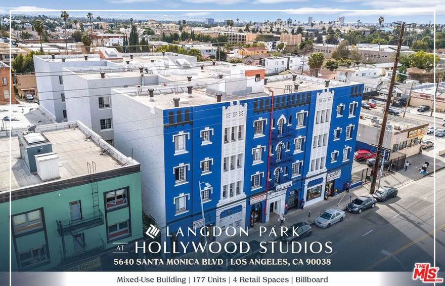 Introducing a prime investment opportunity in the heart of Hollywood! Located at 5640 Santa Monica Blvd, Los Angeles, CA 90038, this historic1927 property offers a unique blend of vintage charm and modern amenities. Comprising 177 units (176 studios and 1 one-bedroom, one bathroom),4 retail spaces, and a billboard, this mixed-use building presents significant income potential. Residents enjoy newly renovated units featuring granite countertops, charming kitchenettes, two-tone painted interiors, new black appliances, city views, cable readiness, window coverings, open floor plans, large windows for natural light, and ceiling fans. Community amenities include controlled access, parking for an additional fee, resident package retrieval lockers, bicycle parking, an elevator, off-street parking, on-site maintenance and management, public transportation access, recycling, and on-site retail stores. The building's prime location puts residents in close proximity to popular dining destinations like La Fonda Antioquena, Dave's Hot Chicken, Jitlada Restaurant, and Canter's Deli. Entertainment and cultural attractions abound, including The Hollywood Museum, Paramount Theatre, Barnsdall Art Park, and the American Cinematheque. Shopping and entertainment options are readily available at Ovation Hollywood, West Hollywood Gateway, Catalina's Supermarket, and Pavilions. The property is also conveniently located near major employers like Paramount Pictures Studio Tour and esteemed educational institutions such as Joseph Le Conte Middle School, STEM Academy Of Hollywood, Bernstein High School, and Hollywood Elementary School. This is a rare chance to own a piece of Hollywood history with exceptional potential for growth. Directly across from the subject property, the transformative Echelon Studios development is taking shape, a $450-million project by Bardas Investment Group and Bain Capital Real Estate. Spanning a full city block at 5601 Santa Monica Blvd, this state-of-the-art studio complex will feature nearly 500,000square feet of production studios and support space, alongside creative offices and retail, with completion slated for 2026. This cutting-edge campus, replacing a former Sears site, is poised to elevate the area's profile as a hub for entertainment and innovation, enhancing the value and appeal of nearby properties.