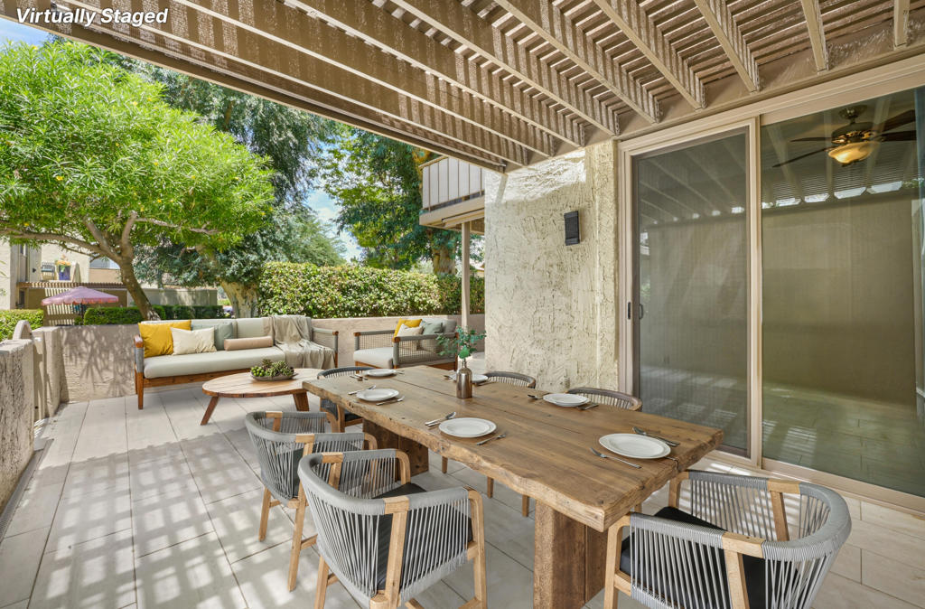 The perfect sunny escape--whether you're looking for a seasonal retreat, vacation getaway, or smart investment property! Located in Mountain Cove, this charming ground-floor 1BD/1BA unit offers 576 sq. ft. (est.) of thoughtfully updated living space on FEE LAND--you own the land! No land lease payments and a low $264/month HOA make ownership easy and affordable. Enjoy tile floors throughout, including the spacious patio for seamless indoor-outdoor living. The freshly painted interior is complemented by a remodeled kitchen featuring Samsung appliances, upgraded countertops and a sleek backsplash. Additional upgrades include a new AC (2024), on-demand tankless water heater, high-end sliding doors/windows with custom window coverings, and closet storage from California Closets. The bathroom offers a jacuzzi jetted tub and a Swedish washer/dryer. Custom patio gates and sunscreens create a private, shaded oasis--perfect for relaxing outdoors in comfort while staying cool and protected from the desert sun. Mountain Cove allows short-term rentals with a 7-day minimum, making this an ideal investment. Enjoy three sparkling community pools with breathtaking mountain views. Whether you're sipping coffee on your patio, strolling the serene grounds, or hitting the nearby golf course or spa, this desert gem has it all! As an Indian Wells resident, you'll love exclusive perks including discounted golf at Indian Wells Golf Resort, complimentary Hyatt Regency gym access, local resort dining/spa discounts, 2 tickets to the BNP Paribas each year, 20% off of Paradise Pickleball Club, and more!. Don't miss this turnkey opportunity to own in one of the desert's most desirable locations! Indian Wells is known as a luxurious desert resort city in the Coachella Valley, famous for its upscale amenities, world-class golf courses, and the prestigious BNP Paribas Open tennis tournament. It's a popular destination for both leisure and high-profile events.