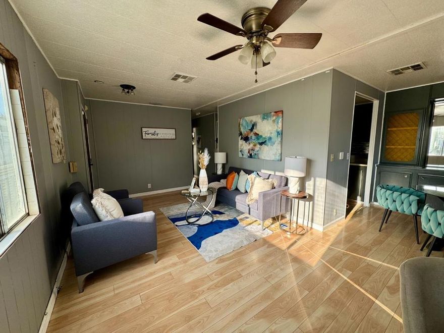 Welcome to your new home in the city of San Jose! This charming 2-bedroom, 2-bath residence offers 920 sq ft of comfortable living space. The kitchen is well-equipped, perfect for preparing meals and entertaining in the adjacent dining area. The home features a mix of modern amenities including ceiling fans for cooling and central forced air for heating, ensuring comfort throughout the seasons.  The living area creating a warm and inviting atmosphere. Beautiful flooring runs throughout the home, enhancing its appeal. The bedrooms provide ample storage with walk-in closets, and the bathrooms offer both a shower and tub for convenience.  Additional features include a laundry area and a two-car garage, providing plenty of space for parking and storage. Located in the Franklin-McKinley Elementary School District, this home is conveniently situated for families. Don't miss your chance to own this delightful home in San Jose!