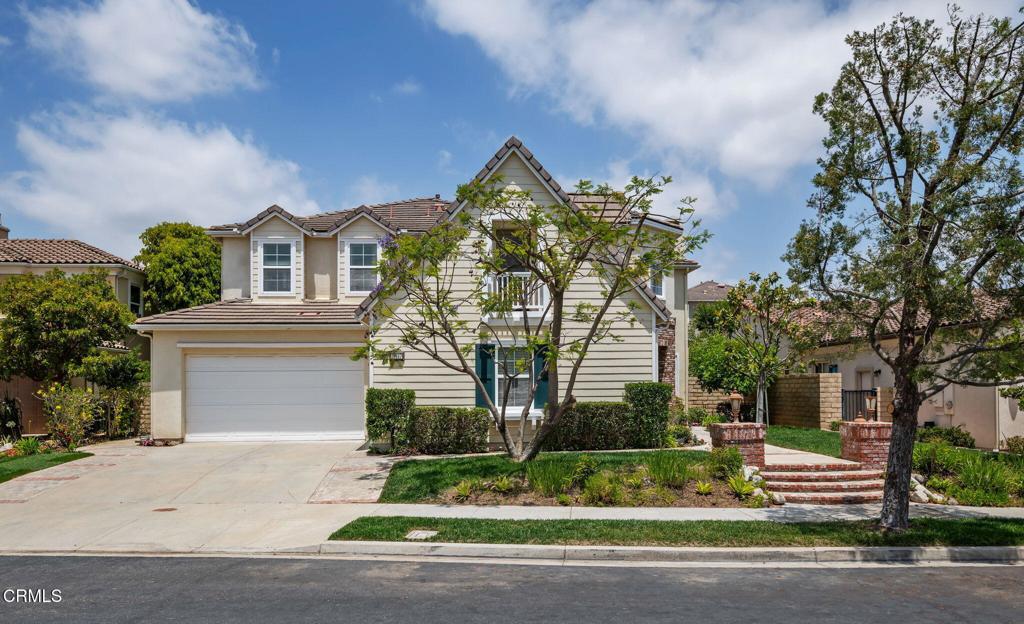A lovely idyllic two storied house located in a private gated community. Surrounded by a quaint neighborhood in the hills of Moorpark, this home is perfect for anyone wanting peace and serenity. It has a beautiful front yard with sculpted greenery and a backyard filled with luscious fruit trees. Going up the brick layered stairs and into the front door to an open concept room with distressed engineered hard wood floors and to elegant crown molded walls with high ceilings and recessed lighting. The first floor includes a beautiful kitchen with granite counters with included appliances, a double doored corner office, a lovely fireplace in the formal living room, first floor bedroom and 3/4 bathroom, and the 3 car port garage. Additionally a laundry room with washer and dryer hookups. With a curved staircase leading to the 2nd floor to a large loft connecting 3 individual rooms and the master bedroom with its own walk in closet and master bathroom which contains its own jacuzzi bathtub. There are two air conditioners, one for the first floor and one for the second floor. The first floor AC unit is relatively newer, being only a few years old.