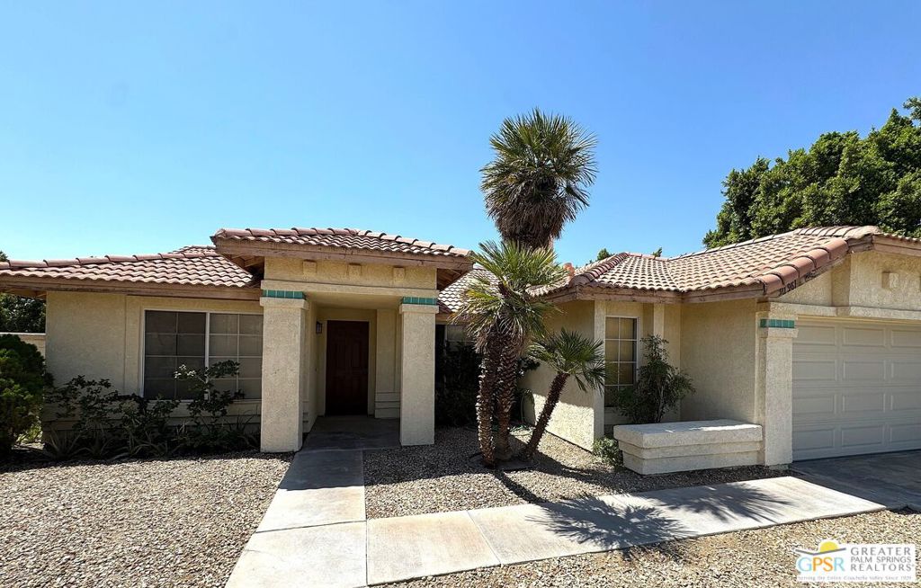 This home is conveniently located in the Century Park neighborhood on a quiet cul-de-sac and is move in ready. It features an open floorplan with vaulted ceilings and it has fresh paint from top to bottom. It has 3 bedrooms and 2 baths with tile flooring throughout for easy cleaning. The living room has a corner gas fireplace to create a nice ambiance. There is a French door off of the dining area leading to a pergola covered back patio the length of the house perfect for outdoor entertaining. The primary bedroom features a walk in closet and also has a French door to the patio. There is an attached 2-car garage with new overhead door and new side service door. Desert landscaping for easy maintenance. The back and side yard are quite large and would be perfect to add a pool and/or spa or play area. Set up an appointment to view this great home now!