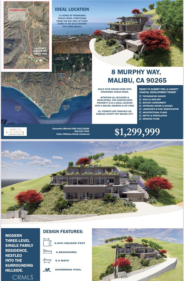 ATTENTION ALL BUILDERS, DEVELOPERS THIS LAND IS IN A IDEAL LOCATION WITH A MALIBU ADDRESS AND ZIP CODE AND WITH A BONUS THAT ALL PERMITS ARE DONE WITH LA COUNTY COASTAL NOT MALIBU COASTAL WHICH MAKES THIS PROPERTY IDEAL 7.2 Acres of Panoramic Ocean Views, Ready to Submit to LA COUNTY TOPGRAPHIC SURVEY, SOILS AND GEOLOGY, BIOLOGY ASSESMENTS, APPROVED WATER AND ACCESS, LANDSCAPE & FUEL MODIFICATIONS, AND ARCHITECTUAL PLANS Stretching from the Bay East of PT Dume to the Blue Waters off Zuma Beach. SELLER will Carry with reasonable terms. Architectural Plans from a Known Malibu Architect. (6600 SQ ft home with POOL) Now is the Chance to build your dream home. Recently Appraised for 2.2 available to you. Motivated Seller. call for more info I will connect you directly with the Architect who will walk the land with you.