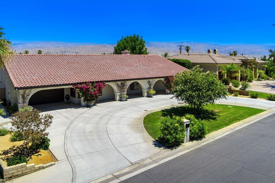Recently remodeled with a modern aesthetic, this Bermuda Dunes Country Club home offers privacy, style, and functionality. Featuring 3 bedrooms plus a flex space that can serve as a 4th bedroom or home office, the open layout includes a spacious living room with a fireplace and a custom built-in bar--ideal for entertaining or relaxing in comfort. The kitchen includes quartz countertops, a center island, double ovens, a 6-burner gas cooktop, and a farm sink.Step outside to a private backyard retreat with a large saltwater pool and spa featuring beach entry--ideal for entertaining or unwinding. Major systems including A/C units, furnace, and water heaters were replaced in 2021, adding comfort and efficiency. A circular driveway offers ample parking and a grand first impression.Located in a private golf course community and just minutes from shopping and dining in La Quinta, this home is perfect for full-time living or a seasonal escape. Monthly HOA dues include Spectrum internet and cable.