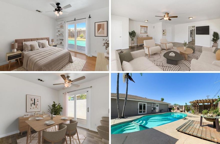Awesome Location! Brand New AC and Newly Painted! This home is a must see! Walking distance to the Historic Main Avenue in Fallbrook! Be right near the action for Harvest Faire, Avocado Festival, Farmer’s Markets, Vintage Car Show, and everything Downtown Fallbrook has to offer. This home is incredibly spacious, featuring a bonus room that’s flexible enough to serve as a gym, home office, playroom, or second living room. With a total of two oversized living areas, the home itself has a ton of space. The large open kitchen is perfectly situated in the home and has lots of cabinet storage, including a pantry. Fun and relaxing backyard area with a pool, spa, gazebo, outdoor shower, and plenty of sitting areas. Additional highlights include a custom-built garage with clever storage and design that adds unique privacy to the front yard, fruit trees on property, and ambient outdoor lighting. Between the awesome pool area, bonus home, and incredible location, this home is a must see! Very low ASSUMABLE LOAN of 4.37%!
