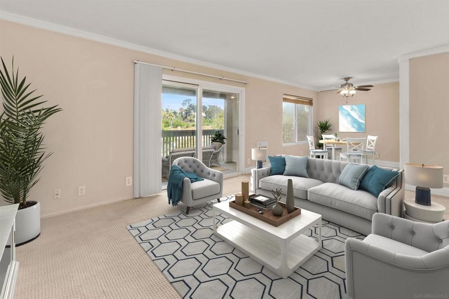 VIEWS! Come and enjoy one of the best locations within the complex providing spectacular views! Don’t miss this rare opportunity to live in a condominium perfectly located next to superb shopping, San Diego’s most beautiful beaches, world class golfing and an array of restaurants, movie theaters, schools and public transportation. Situated in the sought-after Villa La Jolla community, this designer one-bedroom, one-bathroom condo offers resort-style living with every convenience at your fingertips. Open the slider wide to allow cool ocean breezes to flow through and create a serene indoor outdoor atmosphere. The upgraded kitchen is illuminated by recessed lighting and features gorgeous cabinetry, granite counters and sleek appliances. Two large closets provide plenty of storage space to keep you organized. Villa La Jolla provides an array of amenities, including a sparkling pool, relaxing spa, clubhouse, community laundry facilities and fitness room—all surrounded by lush, well-manicured landscaping. The condo also includes one assigned carport parking space for added convenience and a balcony storage closet.  Whether you’re searching for a permanent home, weekend retreat, or investment property, this conveniently located residence offers the best of coastal living in La Jolla. Experience the perfect blend of relaxation, community amenities, and activities—just minutes away from the sand!