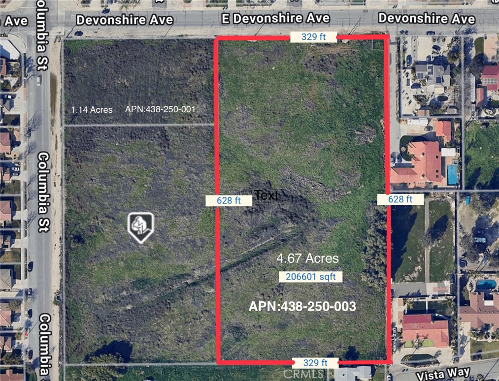 Fantastic development opportunity! Three parcels located on the southeast corner of Devonshire and Columbia, in the heart of Hemet and just minutes from major Florida Avenue. Zoned R-1-7,200 per the City of Hemet’s online planning department zoning map (residential zoning with a minimum lot size of 7,200 sq. ft.). The parcels total approximately 8.95 acres:
APN 438-250-003 – 4.67 acres
APN 438-250-002 – 3.14 acres
APN 438-250-001 – 1.14 acres
All parcels are flat and usable, surrounded by established residential developments. This property may be suitable for single-family residential development or other potential uses—Buyer and Buyer’s Broker to verify zoning, land use, and allowable development with the City to satisfy themselves.
Parcels may be sold individually or together.