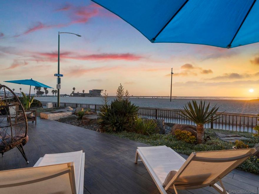 Discover the epitome of coastal living as you step outside to 55 ft of ocean frontage from this rare oceanfront compound set on a premier south west facing corner lot in the heart of South Mission Beach. This exquisite Water Front Estate PLUS 1Br/1Ba Guest Suite 'Lock-out' unit offers ultimate multi-generational owner flexibility, designed for those who seek refined beachfront living, separate guest quarters, or supplemental rental income. Spanning 4,012 sq. ft. with 6 bedrooms and 7 bathrooms, the home delivers generous space for multi family and guests to enjoy the famous 92109 oceanfront lifestyle with miles of sand, boardwalk & crashing surf. An open-concept floor plan is elevated with timeless tile flooring, abundant natural Southwest light, and seamless indoor-outdoor flow towards 2 private outdoor patios equipped with spa, Bbq & dining at sunset. Walls of glass frame unobstructed white water views from the main living areas & spacious primary suite, while a second full kitchen/dining in the 1BR/1BA lock out guest apartment upstairs with its own entry to create an ideal retreat for hosting or short term rental accommodations. Every detail reflects casual sophistication and modern comfort, making this residence a rare opportunity to own along San Diego’s most coveted coastline.  Step outside to your private 55 feet of ocean frontage, where a beachfront deck and secondary side patio await with hot tub, firepit, grill, and al fresco dining areas. The perfect setting for relaxing after a surf session, bay day or hosting sunset gatherings, as this property offers an unparalleled connection to the sand and sea. Ample parking is provided with an attached two-car garage plus a 2-3 car spaces & carport, ensuring convenience for family and multiple guests. With its flexible Two-Unit configuration, this property functions beautifully as a single 6BR ocean front residence or as two independent units, offering unique owner expandability, flexibility & permit/income potential. From its commanding corner-lot presence and thoughtfully curated open concept interiors to its expansive outdoor living spaces, 2727 Ocean Front Walk is more than a home—it’s an iconic Mission Beach lifestyle. Experience Southern California beach living, where every day begins and ends with the sound of the surf, miles of boardwalk and sweeping views of the Pacific horizon.