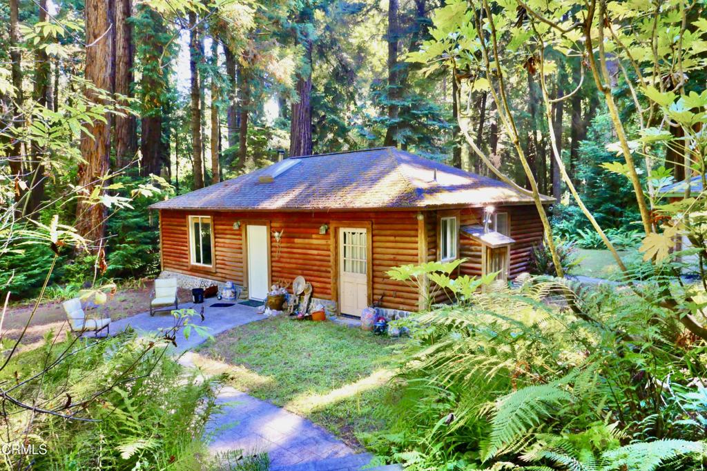 One of a kind offering has multiple log-cabin style structures: The main studio home has a kitchen with granite counters and full bath, mosaic tile floor and woodstove. The detached bedroom building has a full bathroom, walk in closet and office area. Finally, the small detached bedroom building has a full bathroom and lovely picture window with dramatic forest view. There is also a 1,920 sq. foot, two story shop building with 220 power and plumbing. The landscape has Virgin Creek flowing year round and features a picturesque waterlily filled pond. Cross the charming footbridge and enter a magical forest with a possible, rare old-growth redwood and many hiking trails. The residence and detached bedrooms are all well built with double paned windows, propane heaters and 2 with wood stoves. For evening gatherings, there is a large cement patio and fire pit centrally located to the buildings. Wear your hiking shoes to properly view this property- it's worth the walk under the beautiful trees and untouched forest setting.