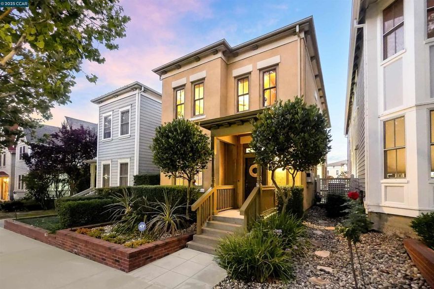 Open House 10/11 12-3pm! Introducing the Italianate Model in the coveted Promenade Waterfront community – a home where sophisticated design meets tranquil waterfront living. This 2,040 sq ft, 4-bedroom, 2.5-bath residence features a designer kitchen with stainless-steel appliances, quartz countertops, custom copper sink, breakfast nook with coffee bar, and upgraded cherry wood cabinetry which is carried throughout the entire home. Enjoy a spacious great room, a master bath with oversized jetted tub, high-efficiency dual-zone HVAC with ceiling fans, and owned solar. Outdoors, the drought-tolerant landscape pairs beautifully with serene water views, the community’s newly completed Bayfront trails, and excellent parks within a few minutes walk. With its remarkably low $15/month HOA, built-in security system, and walkable access to local favorites like Powder Keg, Leila by the Bay, and Hizcafe, this home offers the perfect blend of elegance, comfort, and lifestyle topped with undeniable CHARM!