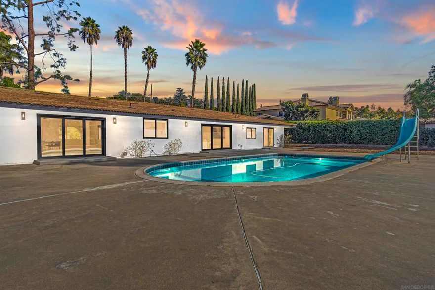 This beautifully remodeled single-story home in Poway offers 2,950 square feet of thoughtfully designed living space, featuring four spacious bedrooms and three full bathrooms. Step inside to an expansive, open-concept layout showcasing a chefs dream kitchen with upgraded appliances, ample counter space, generous storage, and stunning views of the sparkling pool. This home is perfect for entertaining, with a spacious living room, neutral tones, and stylish fixtures throughout. Newer windows and sliding doors invite an abundance of natural light, creating a warm and inviting atmosphere. The large driveway has space for an RV or Boat. Feasibility studies and reports are available for adding an ADU on the property, offering exciting potential for expansion.  The seller has never occupied the property and has very limited knowledge of property condition or history. All measurements are approximate. Buyer's and Buyer's Broker/Agent should verify measurements and complete thorough inspections and investigations prior to Close of Escrow to satisfy themselves with the current condition of the property. Buyer(s) to verify and approve all data, reports, records, inspections, permits, MLS, HOA, if applicable and all information pertaining to the property prior to removal of contingencies. All contracts/offers are subject to seller approval and any offers or counteroffers by seller are not binding unless the entire agreement is ratified by all parties.