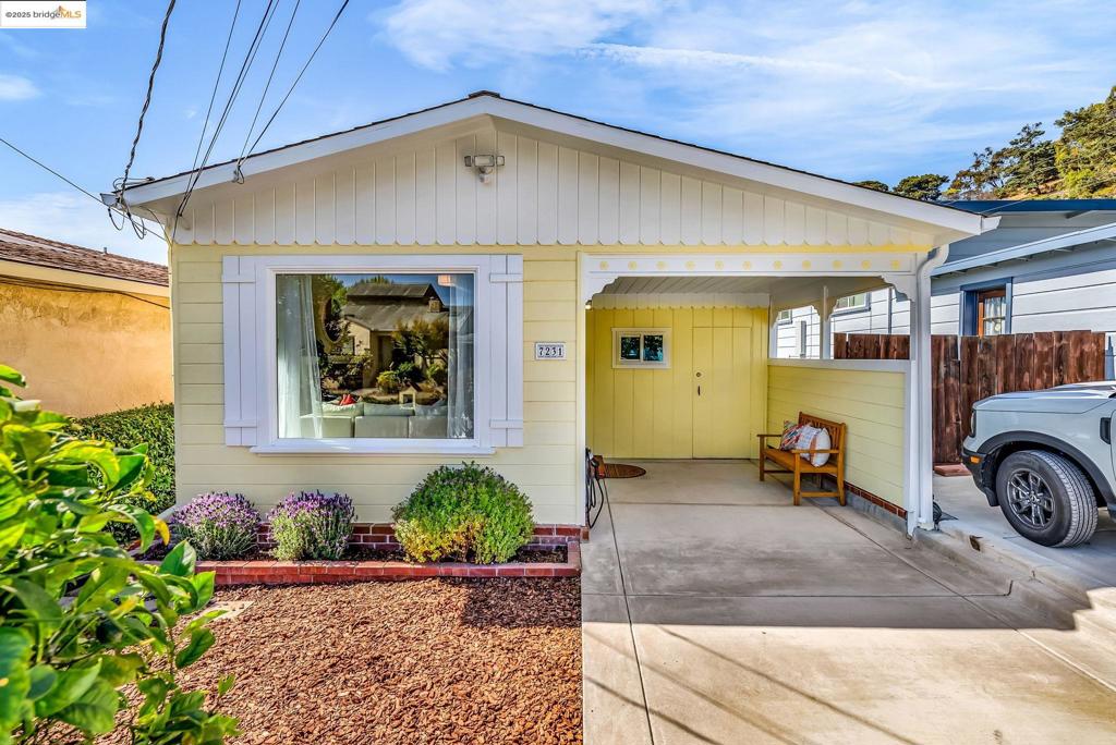 Welcome to 7231 Plank Ave, nestled on one of El Cerrito’s most charming cul de sacs! This adorable and fun 1950’s 2+bedroom /1 bath home has thoughtful updates with flair and exudes a pride of ownership. The living room is inviting and features a cozy fireplace with hardwood floors throughout. Super stylish eat-in kitchen with a built-in bench, new butcher block countertops, tile backsplash and stainless steel appliances with repainted cabinets. The spacious primary bedroom has a custom closet system and sliding doors leading to a gorgeous backyard. The second bedroom is versatile with good closet space. The beautifully updated modern bathroom features a tiled shower over tub. A cozy bonus flex space provides room for an office or project space plus a laundry room with washer/dryer. Enjoy morning coffee outside to your private backyard oasis with an Ipe deck, beautiful stonework and tasteful landscaping, and a sweet storage shed. A perfect layout for dinner parties or relaxing. So many updates! Freshly painted inside and out, 2 yr old roof, owned solar, EV charger, mostly dual-pane windows, french drain, and wall furnace ++ Ideally located near restaurants, amenities, groceries—and under a mile to Del Norte BART. First time on the market in 15 years! Don’t miss it~