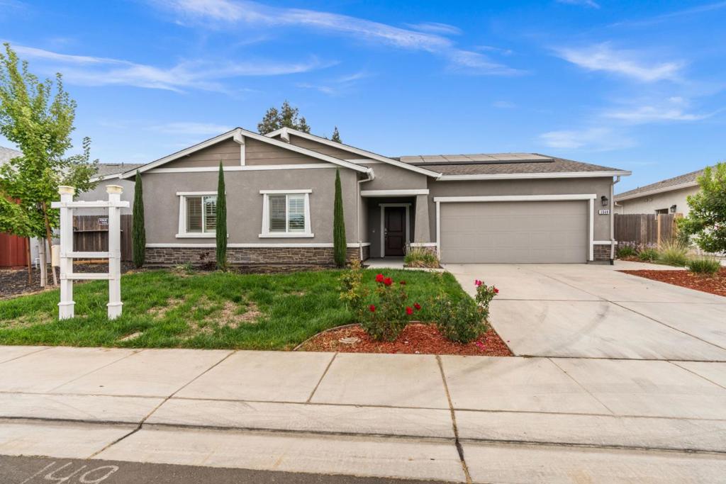 This stunning single-story home combines modern comfort, timeless design, & one of the most desirable lots in the North Main community. Built in 2022 by D.R. Horton features 1,845 sqft of living space on a rare 7,274 sqft lot, the largest floor plan & lot in the neighborhood. Inside, soaring nine-foot ceilings & abundant natural light enhance the open-concept layout. The gourmet kitchen boasts a large center island, 4burner gas cooktop, walk-in pantry, & soft-close cabinetry, all complemented by plantation shutters. The primary suite offers dual sinks, an oversized walk-in closet, & privacy, while two additional bedrooms & a spacious laundry room provide everyday convenience. The backyard showcases over $25,000 in upgrades, including irrigation, low-maintenance landscaping, rose bushes, aloe plants, & fruit-bearing orange, plum, and peach tree. With paid-off solar panels, a tankless water heater, & a lot that allows for future development opportunities, including the option to add an ADU, this home is both efficient & versatile. A two-car garage, ample parking, & a cul-de-sac location across from a lush community park complete the package. Minutes from Downtown, shops, and restaurants, 1340 Crimson Place blends space, style, and convenience in a sought-after setting.