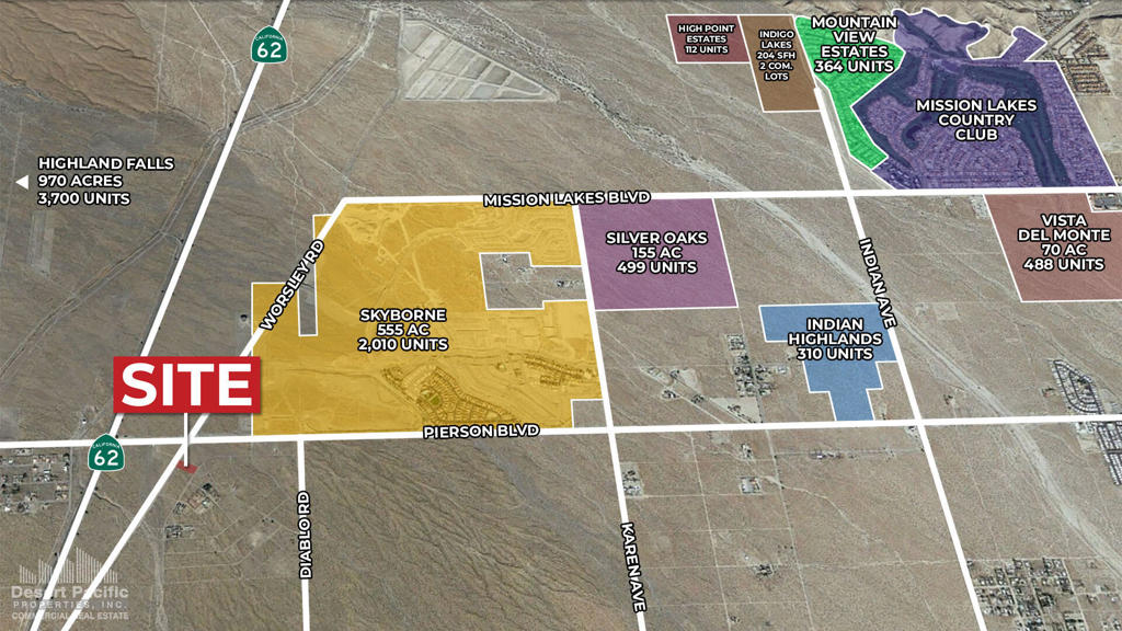 Easy access to property via Worsley Road. In an area experiencing rapid growth. Near Skyborne, a 2,010 home master-planned community. Just one mile south of Highland Falls, a 970 acre, 3,700 unit planned community. Easy access to Highway 62 and Interstate 10. Pierson Blvd is one of the busiest streets in Desert Hot Springs with 20,000 cars per day.