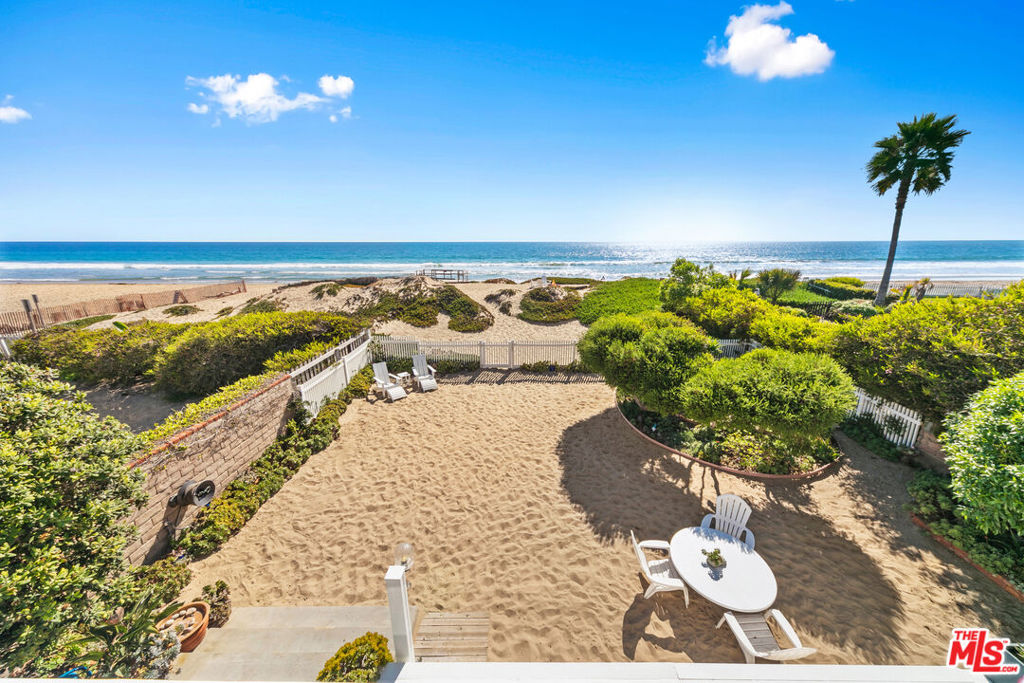 A quintessential beach cottage on the eastern end of Malibu's famed Broad Beach! This casual coastal retreat boasts approx. 50 feet of frontage and is situated on one of the sandiest sections of beach in Malibu. Lush garden pathways lead you indoors to a light-filled living room with views of the ocean and sandy backyard through floor-to-ceiling windows. Outside, enjoy beachfront living on the large entertaining deck and an enclosed sandy beach with multiple seating and lounge areas, a BBQ, fire pit, two outdoor showers, and private steps to the shoreline. A formal dining area with plentiful seating includes a wet bar, high vaulted ceilings, corner benches, and a rustic stone wood-burning fireplace with two attached reading nooks. Exposed wood beam, brick accents, and newly refinished wood floors add charm and character throughout the home. The kitchen is equipped with a breakfast bar, SubZero fridge, Viking stovetop and hood, new double ovens, ample built-in storage, and skylights. Upstairs, the entire second level is dedicated to the master suite and includes new flooring, floor-to-ceiling windows, high vaulted ceilings, and French doors that lead out to a large deck with sweeping 180-degree ocean, whitewater, and coastline views. The master bathroom features a deep soaking tub and dual sinks and closets. There are three additional bedrooms on the entry-level, one en-suite, and the other two share a Jack-and-Jill bathroom. Parking is available in the 2-car garage, which includes a Tesla charger, as well as the driveway, which can accommodate up to 4 cars. Trancas Country Market is conveniently located across the street with Vintage Market, Starbucks, shops, restaurants, and more. The ideal oceanfront lease to enjoy the Malibu lifestyle! Available now!