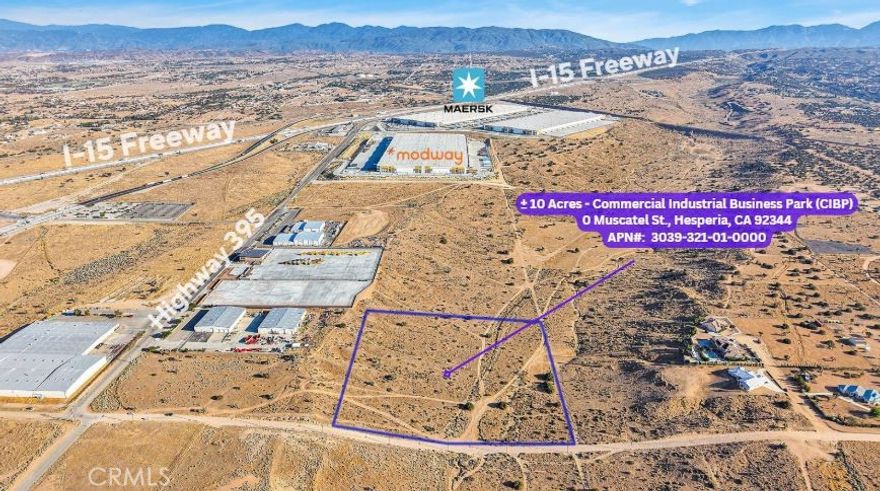 Prime 10-Acre Industrial Land – CIBP Zoned | Off I-15 Freeway Excellent location surrounded by New developments like Amazon, Modway (1M SF), Fellowship Warehouse, and Rush Truck Centers. Just minutes from Hesperia Commerce Center One (3.75M SF, active) and the upcoming Hesperia Commerce Center Two (3.75M SF, in process). Nearby amenities include Pilot, Arco, and truck parking. Sam’s Club recently acquired land nearby—growth is booming. Ideal for logistics, warehousing, or investment.