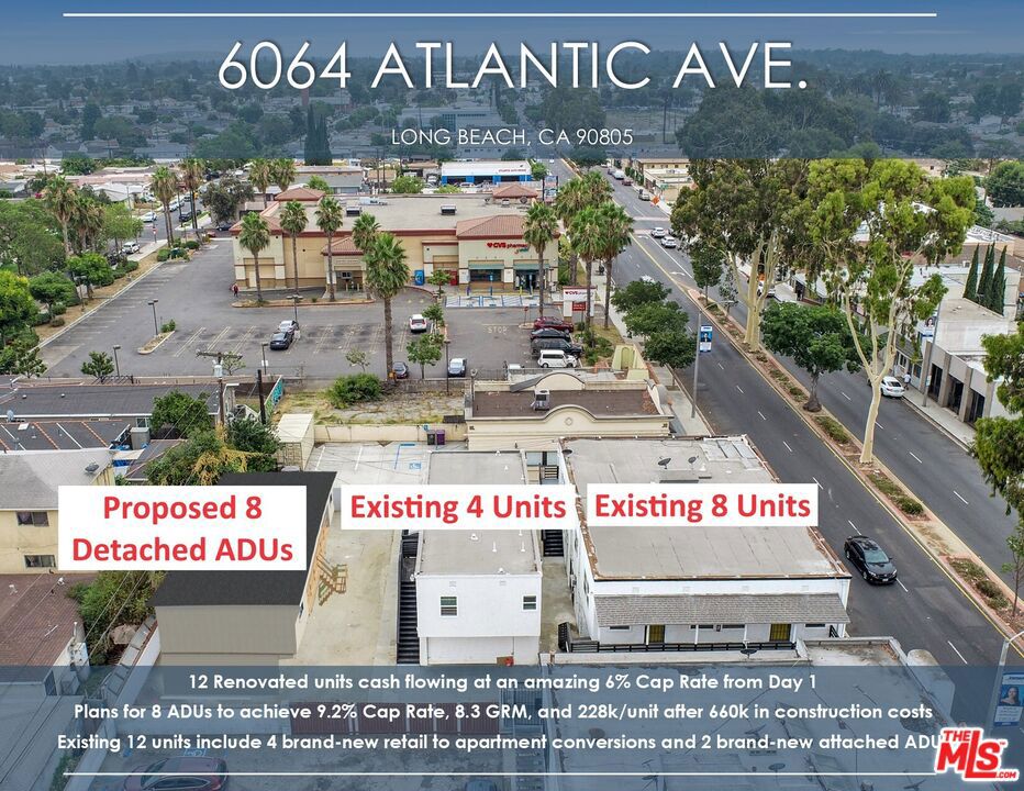 100% Renovated 12-unit apartment building cash flowing at an amazing current 6% Cap Rate from day 1. Preliminary plans to add 8 detached ADUs to achieve a remarkable 9.2% Cap Rate, 8.3 GRM, and 228k/unit after taking into account all construction costs (~660k assuming $200/SF). The property features an easy to rent unit mix of 12 (1-bed/1bath) units including 4 brand-new retail to apartment conversions as well as 2-brand new attached ADUs. Turnkey opportunity where every single unit was vacated, completely renovated, and leased at market rent with additional upside by building 8 detached ADUs in the back parking lot. The property is separately metered for gas and electrical utilities and each unit has its own individual water heater to further reduce operating costs.The property has undergone major capital improvements including updated electrical, plumbing, brand-new windows, interiors, exteriors, etc. The fully remodeled units boast new modern cabinets, flooring, lighting, new bathrooms, and more.