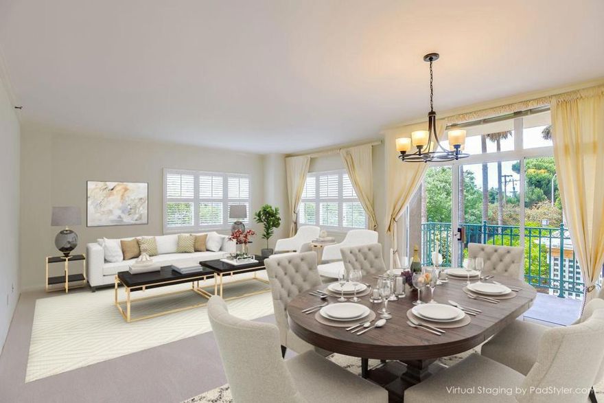 Prepare for luxurious living in this active, adult community!  Sunshine filled, single level 2 bedroom, 2 bath unit is one of the biggest models at The Peninsula Regent. The senior community, for those 60+ years is perfect for those who are young at heart, and fun loving. The entry way leads to the spacious  living /dining areas with crown molding, luscious carpeting, bright windows, custom shutters overlooking the gardens near the pool. The large kitchen with a multitude of solid surface counters and cabinetry allows room for a bistro table set. The large primary suite features lots of closet space plus bathroom with an updated, big shower.  The second bedroom & bath are located off the living are; balconies are perfect for enjoying beverages.  The complex has loads of amenities, such as: towel and linen service, housekeeping, dining in the formal dining room or bistro, shopping outings, theater outings, transportation, gym, bocce ball court, & much more!!  Make your offer now and enjoy your new home.  First 4 months of HOA dues to be paid by the Peninsula Regent.  This is senior living at its best!