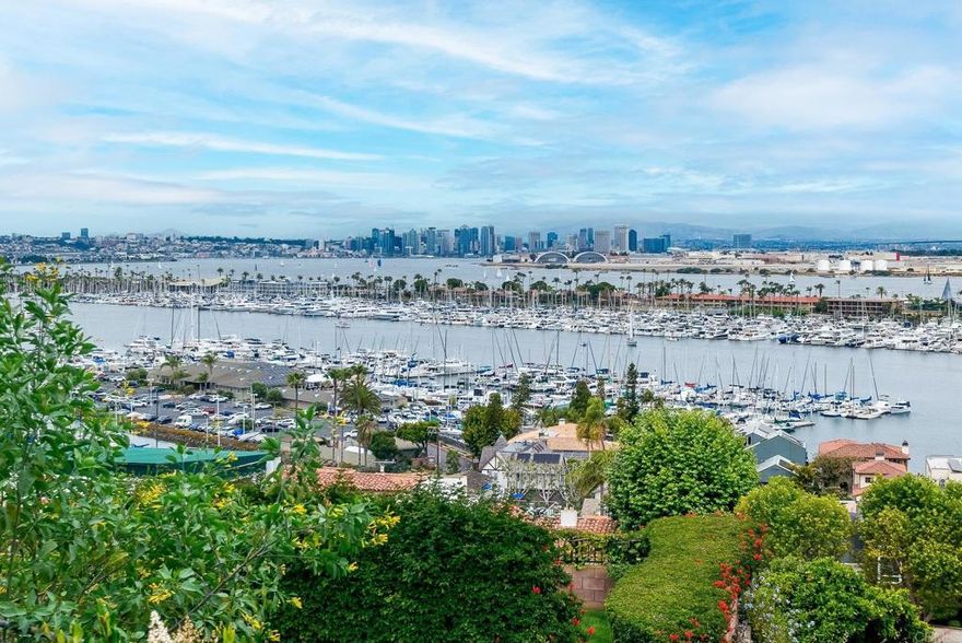 The View House. Absolutely stunning, unobstructed views of the Bay, Shelter Island yachts, downtown San Diego skyline, Coronado Bridge, hillside homes and vistas. Words simply can't do justice to the breathtaking views from all major rooms. Features of the 2-story house include a warm courtyard entry to an exquisite living room with coffered ceiling, custom skylights, and walls of glass; a true gourmet cooks kitchen with central island and seating; am open dining area; a large primary suite with a beautiful master bath and custom wood-lined walk-in-closet. 2 additional bedrooms (en suite) are also featured on the entry-level first floor. Downstairs is a large family room/den and another primary suite, with an extra-large walk-in closet and bath. There is an additional bedroom and ensuite bath and a separate gym. The exterior features a wellness escape to a heated spa, an architecturally designed seating area to relax and savor the views, and a terraced yard. 2-car+garage and 2 uncovered parking spaces. The house exudes a timeless elegance and defines luxury living. You have to see this rare, once-in-a-lifetime house to experience what it feels like to be in the very best of the best.