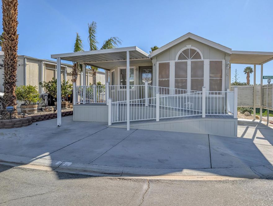 Nestled near the clubhouse and centrally located within the community hub, this delightful and meticulously maintained 1-bedroom, 1-bathroom 1996 Fleetwood Park Model offers approximately 800 square feet of comfortable living space. The home stands out for its thoughtful layout and appealing features, making it a perfect choice for those seeking both convenience and comfort in a vibrant resort setting. This stick-built residence offers the flexibility of adding a second bedroom, providing extra space for guests or hobbies. The kitchen is equipped with elegant granite countertops, while upgraded hardwood flooring runs throughout the home, enhancing its warmth and appeal. For added convenience, there is a private laundry room with washer and dryer hookups, a utility sink, and both ductless and standard HVAC systems for efficient heating and cooling. The jack & jill bathroom ensures easy access from multiple rooms, maximizing functionality. Step outside to a private, covered deck accessed via a ramp, offering a comfortable spot to relax and take in the picturesque views of the surrounding desert hills and mountains. The back of the property faces the first hole tee of the golf course, providing a tranquil and scenic backdrop. while proximity to sports courts and the driving range offers ample opportunities for recreation. Located within the luxurious 55+ Caliente Springs Resort, residents enjoy access to a wide array of amenities including a mineral hot spring pool and spas, a fitness center, a 9-hole golf course, pickleball courts, tennis courts, and a calendar full of organized community events designed for fun and social connection. This home is ideal as a primary residence or a relaxing getaway. Please note that the lot is not owned; the current space rent is $811.