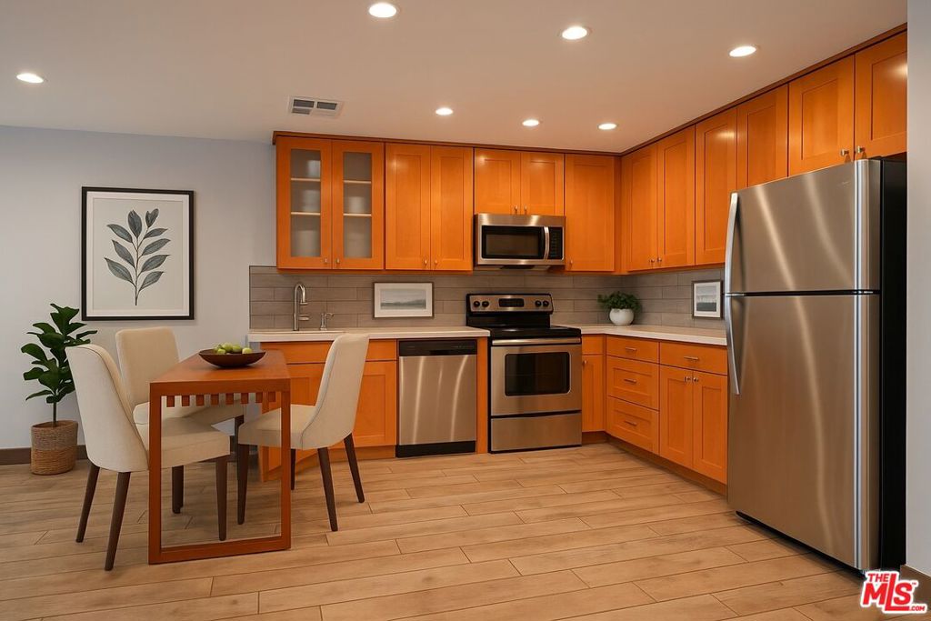 Welcome to 740 N Kings Road, an incredible opportunity to lease a bright and stylish 1-bedroom, 1-bathroom condo in one of West Hollywood's most coveted neighborhoods. Tucked just off the iconic Melrose Avenue, this location offers the perfect blend of tranquility and convenience just moments from trendy shops, top-rated restaurants, coffee spots, and vibrant nightlife. Situated at the front of the building, this unit is flooded with natural light, creating an inviting and uplifting atmosphere throughout the day. The open-concept layout enhances the flow between the living room, dining area, and recently remodeled kitchen, which features sleek countertops, modern cabinetry, and updated appliances ideal for cooking and entertaining. The spacious primary bedroom includes a generous walk-in closet and sits just off the stunningly modern bathroom, which has been tastefully upgraded with contemporary finishes and ample storage. Every corner of this home has been thoughtfully designed to maximize space, comfort, and functionality. Residents of this well-maintained building enjoy access to a gorgeous, expansive rooftop deck perfect for entertaining or relaxing under the California sun. Outfitted with lounge chairs and a BBQ area, it's a true urban oasis with sweeping views of the West Hollywood skyline. 740 N Kings Rd offers a rare chance to live in the heart of one of LA's most desirable neighborhoods. Don't miss this stylish gem in a prime West Hollywood setting!