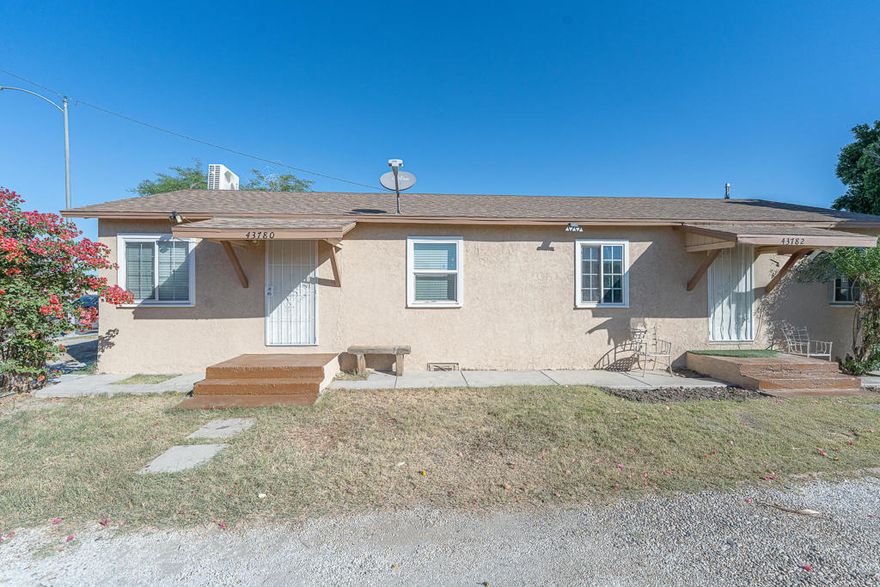 Introducing this well-kept duplex located in the heart of Indio, offering an excellent opportunity for both investors and buyers seeking a home with income potential. Built in 1951 and totaling 1,122 sq. ft., this property features two separate units--each with 1 bedroom, 1 bath, its own kitchen, and laundry room for added privacy and convenience.One unit has been beautifully remodeled and is currently vacant, ready for immediate occupancy or rental, while the other unit is tenant-occupied and producing steady income from day one. The exterior has been freshly painted, enhancing the property's curb appeal and overall charm. The spacious lot offers plenty of room for outdoor enjoyment, additional parking, or potential future improvements.Location is a standout: the home is within walking distance to the future Indio Sports Park--a major upcoming recreational complex featuring soccer, baseball/softball fields, a walking trail, picnic and shade areas--adding value and lifestyle appeal.The duplex offers great versatility--whether you want to live in one unit and rent the other, use both units for long-term rental income, or take advantage of short-term rental potential. With strong nearby amenities, a fresh exterior, and a solid dual-unit layout, this property represents a smart choice in a desirable Indio location.