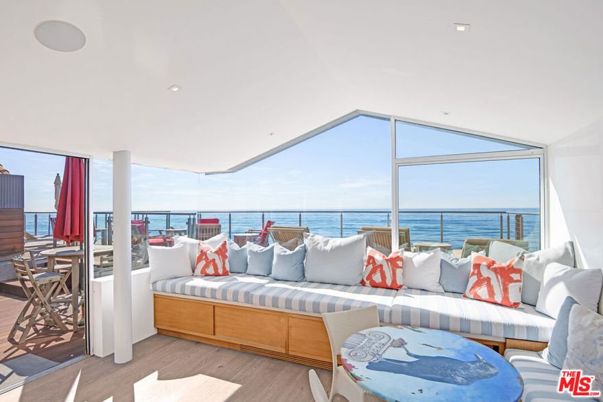 Extraordinary ocean front 5 bedroom estate, situated in the prestigious enclave of the guard-gated Malibu Colony. Walls of glass enhance magical sweeping views of the Santa Monica Bay coast to serene sunsets. Enjoyment can be found in the expansive front entertainment room with charming window seating, a flat screen tv and built-ins. The grand chef-style kitchen offers high-end appliances and double islands in Caesar stone, joining the dramatic living area with soaring ceiling and opens to the seaside patio, lounging deck & stairs to the beach. Ocean front primary suite, with lounging balcony, encompasses the upper level with sumptuous bath & outdoor hot tub on a private rear deck offering mountain views. There are 2 additional bedrooms in the main house. A separate guest unit includes an upper level entertainment room, large bedroom with mountain views & bathroom. Main floor bedroom with bath opens to the private central patio area with a BBQ. Beautiful recent interior designer enhancements make for ultimate comfort while living by the ocean. Smart home integration system throughout the main home. Call listing agent regarding Summer rental months. Nearby to great restaurants, well-known shops, Whole Foods, Malibu Pier & more!