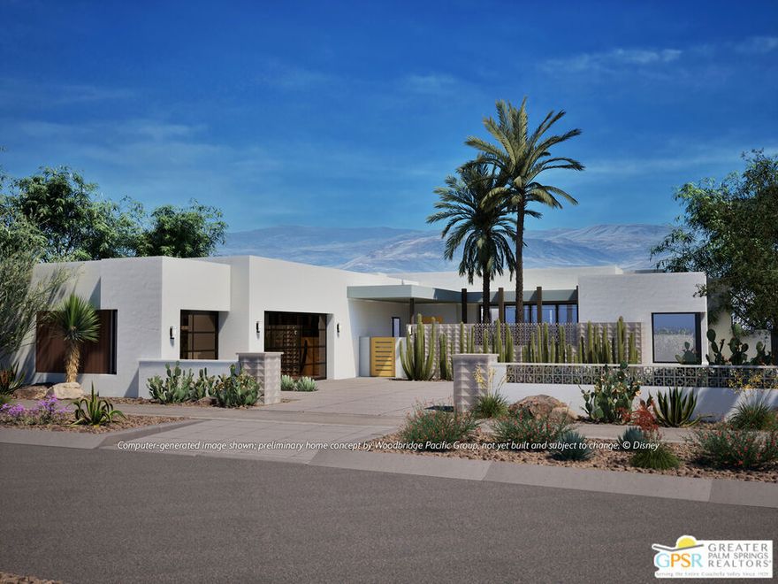 Welcome to Cotino, Storyliving by Disney, the first community of its kind in Rancho Mirage. This stunning 3,516 sq. ft. home (to be built by Woodbridge Pacific Group) offers an elevated living experience with architectural elegance, thoughtful design, and resort-style amenities. The Windsong floor plan, featuring the impressive Oasis exterior elevation, welcomes you with a lovely private front courtyard complete with an entry gate, providing exceptional curb appeal and privacy. Inside, the great room enhanced by optional sliding glass doors connects seamlessly with the covered outdoor living spaces and back patio, where you also have the option to add your own private pool for a true resort-style experience. The spacious kitchen boasts a large island, ideal for entertaining and everyday meals. The primary bedroom is thoughtfully set apart for maximum privacy, serving as a luxurious retreat with a spacious bathroom and walk-in closet. Two secondary bedrooms each include ensuite bathrooms and share an adjoining seating area, offering comfort and convenience. Additional flexible spaces include a versatile media room featuring a wet bar with counter and seating, plus another flex space perfect for a home office or personalized use. Practical details include a three-car garage, convenient access to a laundry and prep kitchen area, and dedicated covered golf cart parking. Woodbridge Pacific Group offers a generous list of included features alongside numerous upgrade options, allowing you to customize your home to suit your lifestyle. Cotino combines natural beauty, charming parks, and the magic of Disney to create a unique and vibrant community perfect for beginning your next chapter. Come see for yourself and experience all that this exceptional community has to offer.
