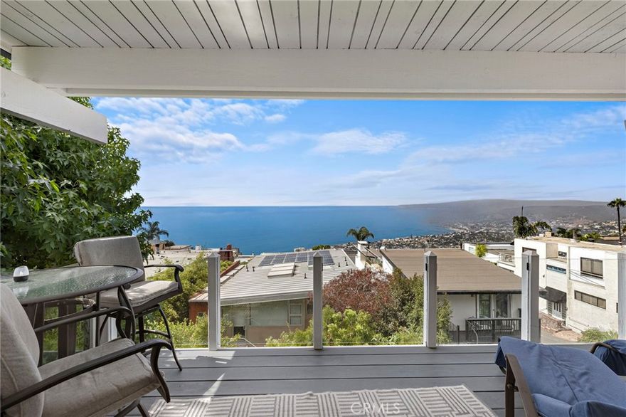 Spectacular Ocean-View Retreat in Laguna Beach



Experience breathtaking panoramic ocean views from this exceptional, fully furnished or unfurnished Laguna Beach rental perched high in the desirable Arch Beach Heights neighborhood. This beautifully appointed home offers unobstructed vistas from Catalina Island to Palos Verdes and beyond—perfectly positioned for dramatic sunsets and tranquil coastal living.



Step inside to an open-concept main level filled with natural light, soaring beamed ceilings, and sit-down ocean views from the living, dining, and kitchen areas. The remodeled kitchen features granite countertops, custom cabinetry, a walk-in pantry, and a double porcelain sink framed by a charming bay window. Glass doors open to an upper deck with sleek glass partitions—ideal for enjoying coastal breezes and postcard-worthy sunsets.



The mid-level hosts an oversized primary suite with its own private ocean-view balcony and generous , soaking tub and good closet space. A second bedroom overlooks a serene  courtyard that separates the main house from a detached studio suite with an ensuite bath—perfect for guests or a private office.



Downstairs, discover a lush, landscaped backyard retreat with an expansive deck, and an additional private bedroom and bathroom—excellent for use as a home office, gym, or guest suite. Remodeled bathrooms feature stone finishes, tiled showers, and a tub.



Warm maple hardwood floors run throughout, complemented by skylights and glass block accents that enhance the natural light. Smart home upgrades include Insteon programmable lighting and a Ring video doorbell for added convenience and security.



Located just blocks from Moulton Meadows Park—with tennis, pickleball, a soccer field, and playground—this home offers easy access to the Aliso Wood Canyon Wilderness trails, trolley and bus routes, award-winning restaurants, beach coves, and the vibrant Laguna arts scene.



Live the ultimate Laguna Beach lifestyle in this magical coastal retreat with 360° views and modern comforts.