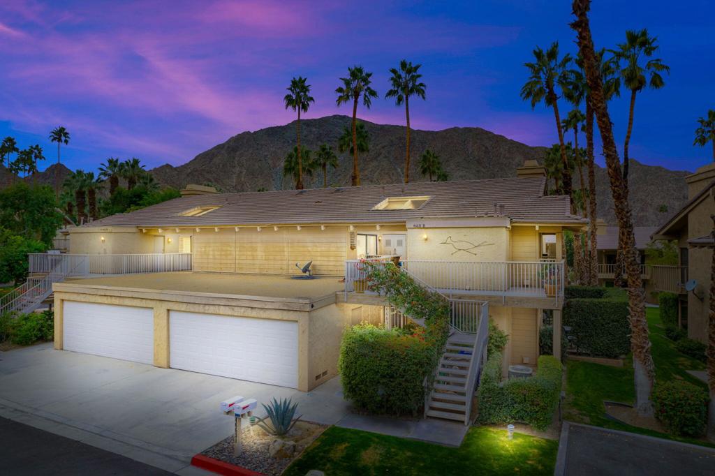 Motivated Seller! This charming Mountain Cove condo is a fantastic opportunity! Mountain Cove is situated close to the mountains and set back from the main thoroughfares of Indian Wells. This picturesque community offers peace, tranquility and an abundance of mountain views. As you enter this upper level condo, the front door opens to reveal unobstructed western facing mountain and sunset views. The vaulted ceilings exaggerate the view and help emphasize the thoughtful floorplan, making the living area feel even more generously sized than it already is. The balcony overlooks the community pool and offers a private space to enjoy a glass of wine as you watch the sunset. The owner has done a fantastic job of comfortably furnishing and decorating this home, creating a living space full of charm and character. Most furnishings convey with the condo, so the new owner is able to immediately move in and start enjoying the quiet sophistication this unit offers. There are 2 spacious bedrooms, each with its own bathroom. The primary suite has a walk in closet as well as its own private patio with pool and mountain views. Both bathrooms have been thoughtfully designed and feature custom tile showers, tile floors and a double vanity in the primary suite. Plus, this community falls within the Imperial Irrigation District and benefits from lower electricity bills! Along with the beauty of the area, being a property owner here allows you access to Indian Wells resident discounts and perks at local facilities including the Indian Wells Tennis Garden. Bring us your offers and make this condo yours today!