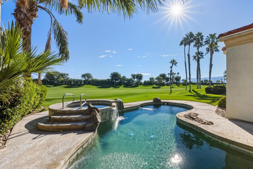 Beautiful golf-course home with stunning views! This 3-bedroom, 2-bathroom  residence offers 2,079 sq ft of sophisticated desert living in the highly sought-after 55+ resort community of Heritage Palms Country Club. Perfectly positioned on the 12th fairway, the home captures sweeping golf course vistas framed by breathtaking mountain backdrops.Step inside to a bright, open layout featuring a formal sitting area and dining room. The kitchen overlooks the great room & dining area, creating an inviting space ideal for entertaining. The spacious primary suite offers private patio access and a spa-like bathroom with a soaking tub, walk-in shower, and dual vanities. Guest bedrooms are generously sized, providing comfort and privacy for visitors.Enjoy the best of indoor-outdoor living with your sparkling pool and spa, all set against panoramic mountain and fairway views--an entertainer's dream!As a resident of Heritage Palms, you'll enjoy world-class amenities including an 18-hole championship golf course, tennis and pickleball courts, indoor and outdoor pools and spas, a state-of-the-art fitness center, grill room, billiards, card rooms, and vibrant social clubs.Don't miss your chance to experience effortless, resort-style living in the heart of the Coachella Valley!