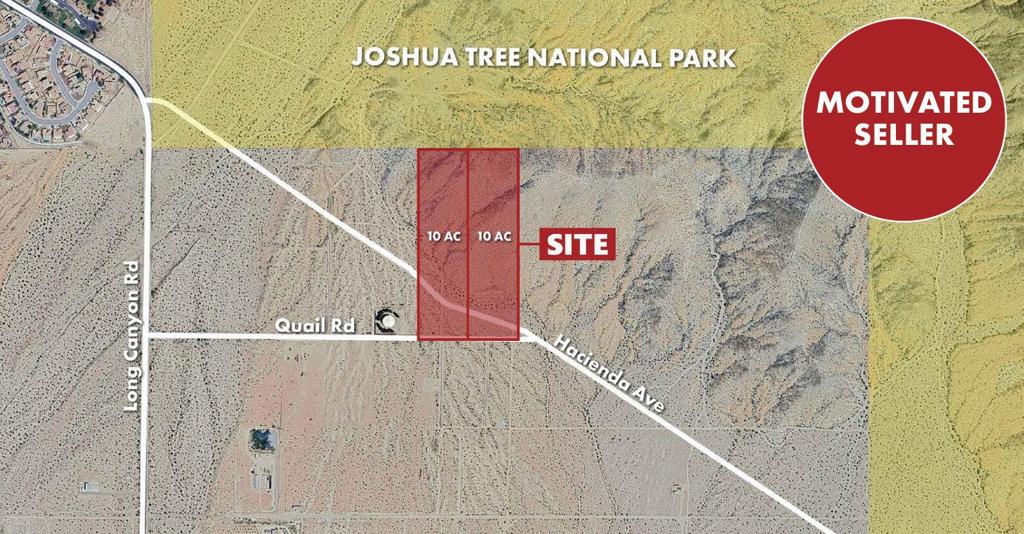 Each parcel is approximately 334' x 1307'. An elevation of nearly 1500 feet near the Northern boundary provides scenic views overlooking Sky Valley. Joshua Tree National Park borders the property to the North, this will preserve the nature and beauty of the area and provide 360 degree views. Municipal water on Quail Rd. Access to 10 Freeway in Less than 15 Minutes. Access to the City of Desert Hot Springs in just a couple minutes. Survey already completed and the corners have been marked. Seller is motivated and may carry paper!