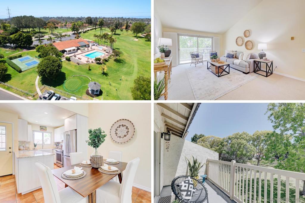 View facing unit! Top level unit offers the convenience of no neighbors above you and stunning views! This charming condo is in an ideal location overlooking lush greenery! Nestled in High Country Villas, a sought after 55+ community in Encinitas with amazing amenities. Beautifully updated and move-in ready featuring a recently remodeled kitchen with ample cabinetry, granite counter tops, farmhouse sink, and modern appliances. Highlights include high ceilings, custom shutters, updated bathrooms with new vanities and Toto toilets, Berber carpet in the living room and primary bedroom, and a 1 car garage. The picturesque community boasts a serene park-like setting, communal swimming pool, pickleball court, golf course, trails, and activities. Conveniently close to visitor parking for your guests' ease and just minutes away from the beach!