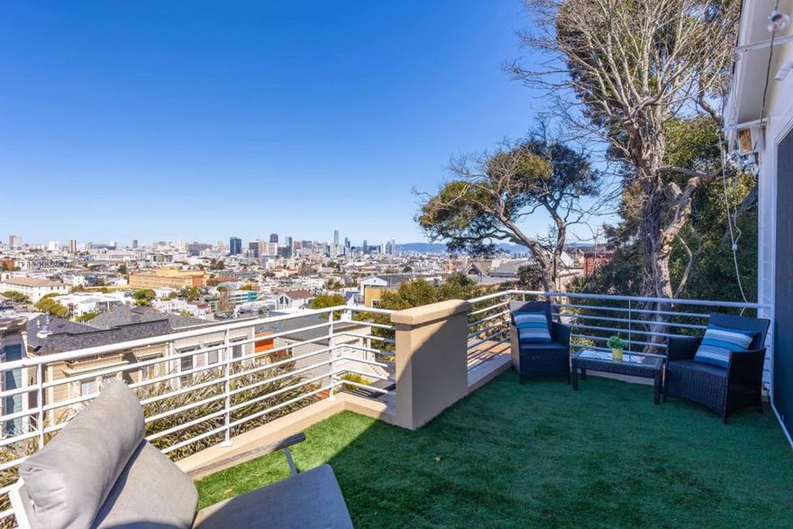 Nestled in the desirable Eureka Valley neighborhood, this beautifully remodeled home blends classic San Francisco charm with modern comfort. Enjoy BREATHTAKING PANORAMIC CITY VIEWS and easy access to top dining, shopping, and entertainment. Iconic spots like Mission Dolores Park, Twin Peaks, and Downtown Castro are within close proximity offering the perfect mix of urban convenience and natural beauty. Families will appreciate access to sought-after schools and excellent commuting options, including the SF Muni. A private front gate and dedicated elevator lead to a bright, airy floor plan with vaulted ceilings, skylights, recessed lighting, and expansive windows / glass doors. The spacious living room flows seamlessly into the dining area and chefs kitchen, which features top-tier stainless steel appliances, sleek countertops, and custom cabinetry. Glass doors in the living room open to a balcony with stunning views of Downtown SF and Sutro Tower. The primary suite offers a spa-like bath with a soaking tub and double vanity. 2 other comfortable bedrooms offer a welcome retreat. Additional highlights include a shared 2-car garage, a custom office space, and a lower-level garden patio accessible from bedrooms 2 & 3. VIEWS, MODERN DESIGN, & FUNCTIONALITY - THIS HOME HAS IT ALL!!!