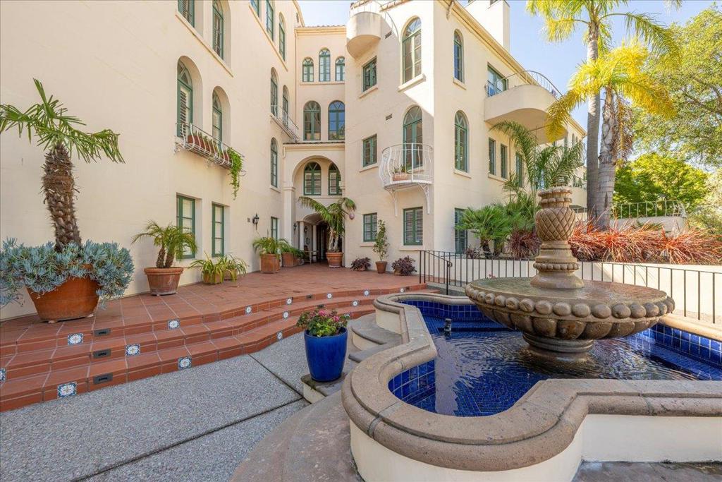 Mediterranean-style condominium in beautiful Baywood, next to the San Mateo Public Library, just 2 blocks from vibrant downtown San Mateo dining, shopping, and entertainment. Gated secure entrance with a Concierge leads to a central courtyard with bubbling fountains and lush gardens. Unit 306 is located in the quiet back corner--one of the best floor plans in the building, with spacious rooms and great storage, refreshed with new paint and engineered wood floors. Lovely arched windows emit loads of natural light. Two private terraces invite fresh air and a quiet spot to relax. Both bedrooms are large. Two deeded parking spaces in the secure underground garage access the unit via the recently remodeled elevator. Extra storage unit in the garage, as well as a sauna, steam room, and gym.