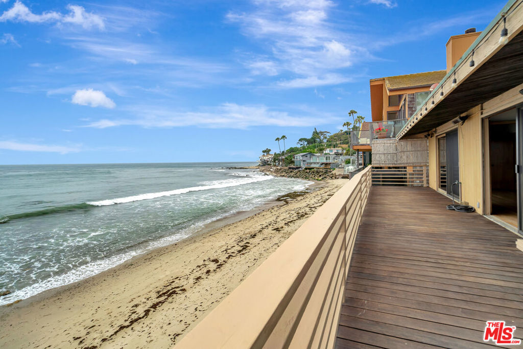 Enter through the walled and gated courtyard to paradise on Latigo Shore Dr. Located on one of Malibu's most sought-after stretches of coastline, this stylish, sun-filled Latigo Shore Drive home offers 50 feet of sandy beachfront and front row views of one of our premier surf breaks. This hidden stretch of beach is the epitome of vintage Malibu and well protected by its inhabitants. The flexible floor plan includes four guest bedrooms and a private oceanfront primary suite with fireplace, newly remodeled bathroom, adjacent office/den, and an expansive balcony that overlooks the water. Upstairs has been thoughtfully upgraded with new AC and modern Toto fixtures. A spacious walled courtyard greets you on arrival, ideal for outdoor dining, evening gatherings, or quiet relaxation under the string lights. With direct gated access to the beach and postcard-worthy views throughout, this home invites you to experience the Malibu lifestyle in full. Available now, unfurnished, for long-term lease.
