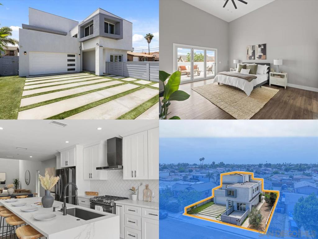 Modern Coastal Living in Imperial Beach. Built in 2021, this architectural gem blends contemporary design with the laid-back beach cruiser lifestyle. Just minutes from the sand, this 4-bedroom home includes a third-floor loft (optional 5th bedroom or office) that opens to a rooftop deck with peekaboo views of downtown San Diego, Tijuana, the bay, and even the Coronado Islands on clear days. The open-concept main level features stainless steel appliances, quartz countertops, an oversized island, beautiful high ceilings, custom lighting, and tri-fold doors that lead to a private fenced front patio perfect for entertaining. Inside, enjoy central AC and heat, solar skylights, a Culligan water filtration system, tankless water heater, dual-zone HVAC, EV charging readiness, and a Ring security system. The home features two spacious primary suites, one on the entry level with a private ensuite and side yard access, one upstairs with vaulted ceilings, a custom walk-in closet, outdoor deck, and a spa-like bath with a stunning walk-in shower. Two additional bedrooms on the second level share a Jack-and-Jill bathroom. Meticulously maintained by the owners, the property also offers a large private driveway, fenced side yard, artificial turf, and no shared walls. No HOA fees. Lot split completed by original builder via Cloud Condo. Walk or bike to local shops, bars, grocery stores, and the growing Imperial Beach resort area with easy commutes to Naval bases, downtown San Diego, and the border.